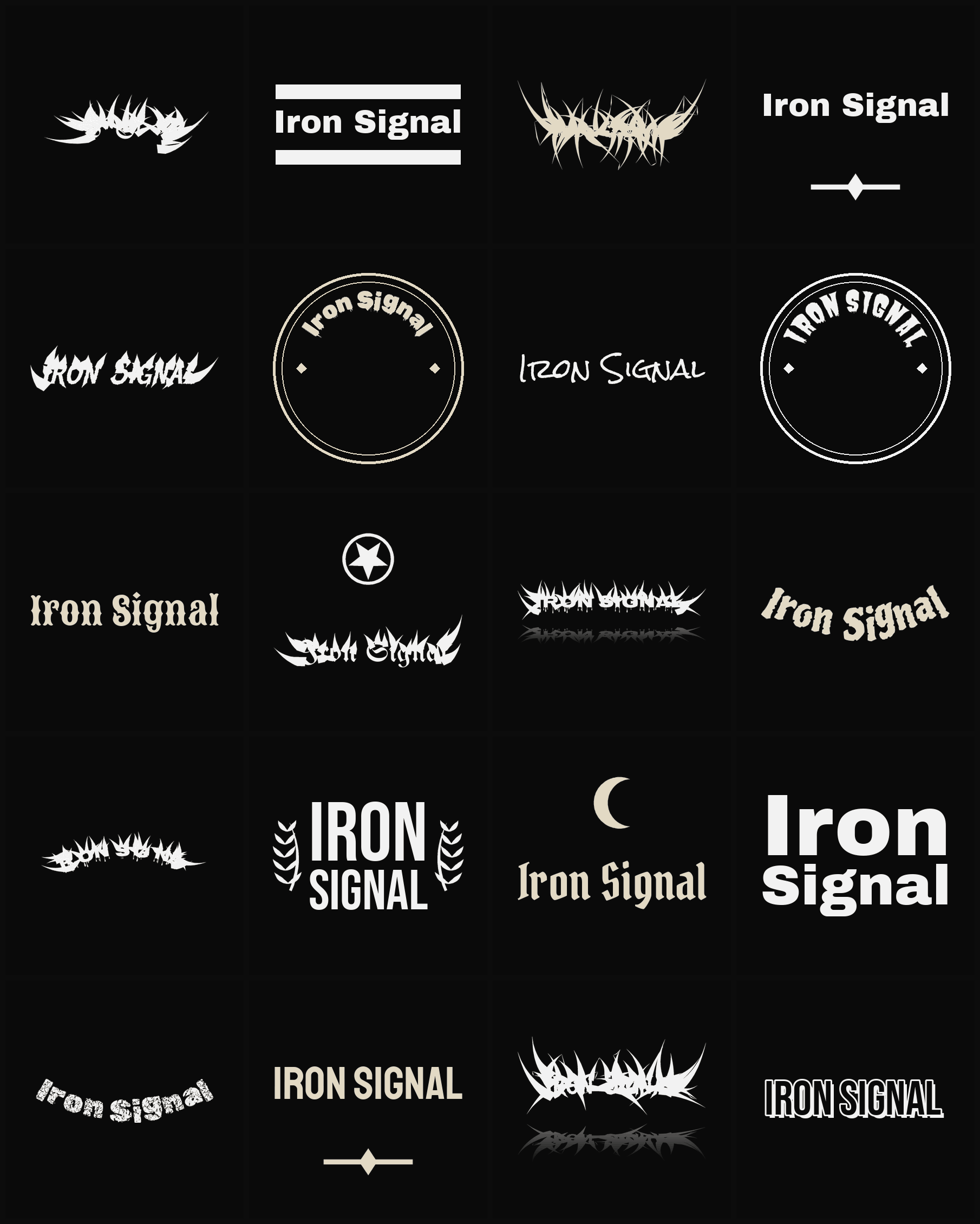 Twenty Iron Signal band logo ideas — different faces, treatments and spike settings