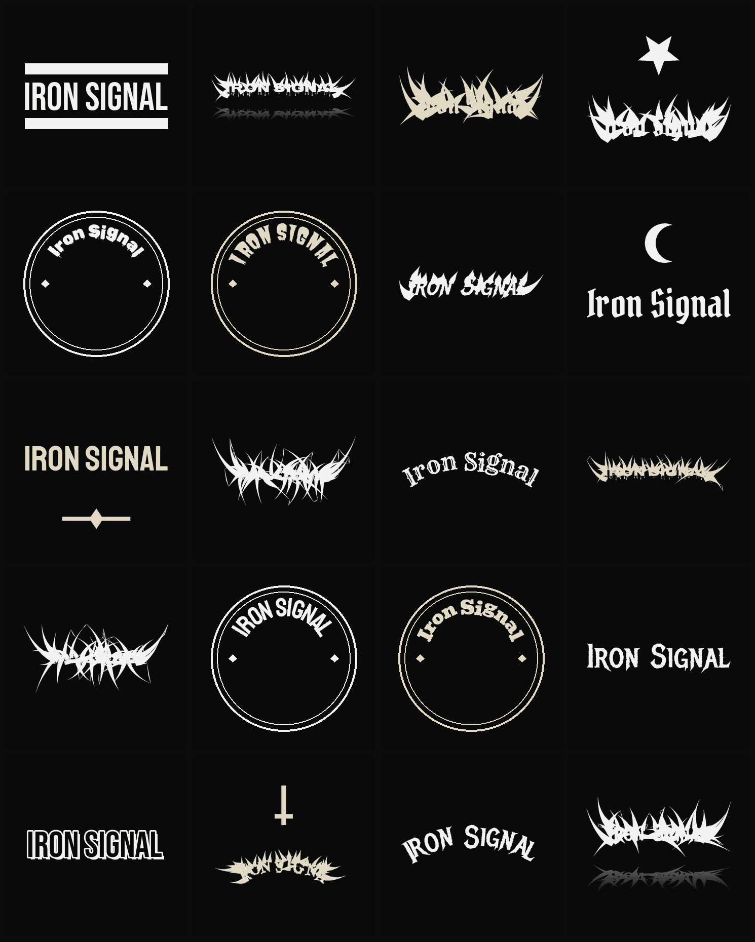 Twenty Iron Signal band logo ideas — different faces, treatments and spike settings
