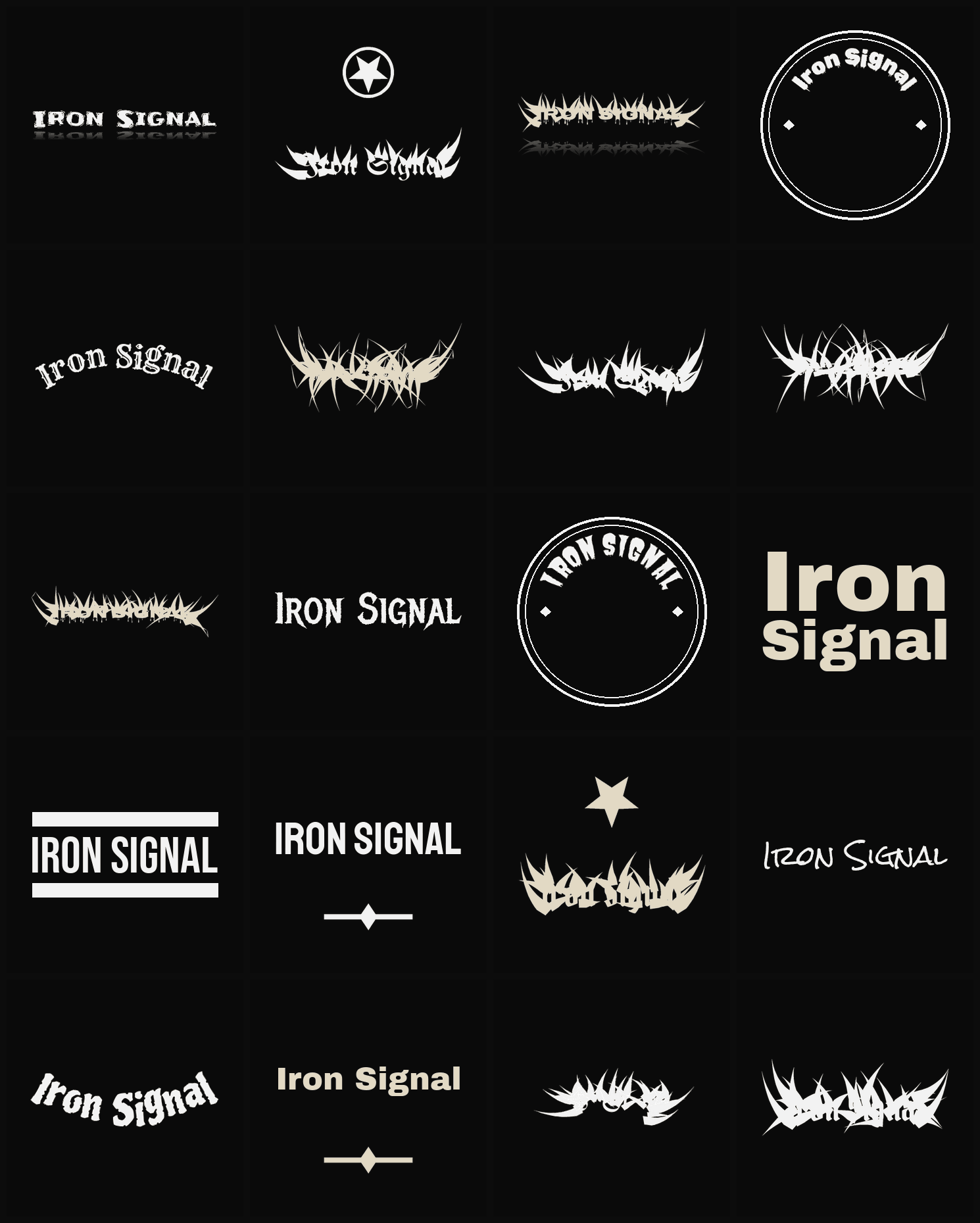 Twenty Iron Signal band logo ideas — different faces, treatments and spike settings