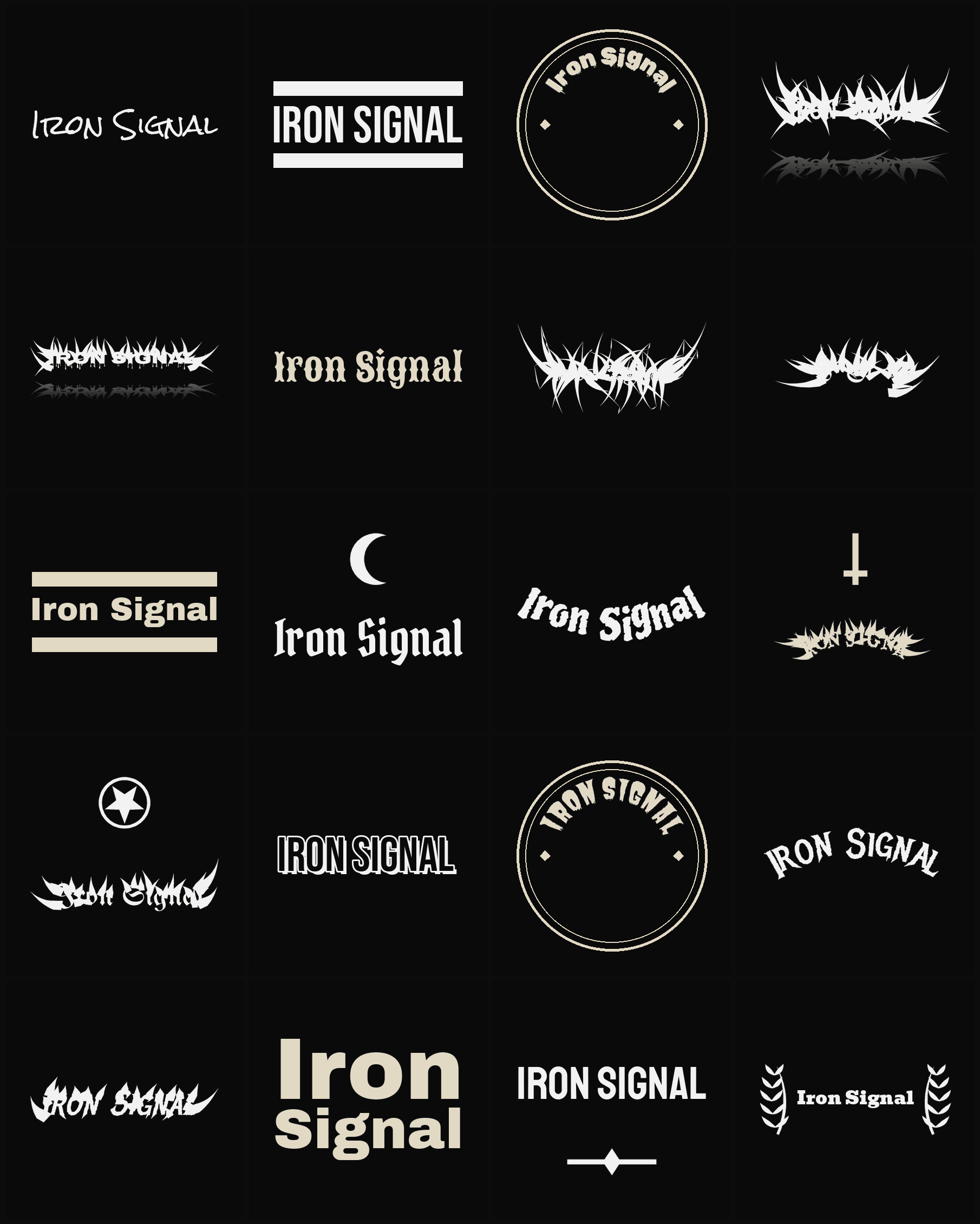 Twenty Iron Signal band logo ideas — different faces, treatments and spike settings