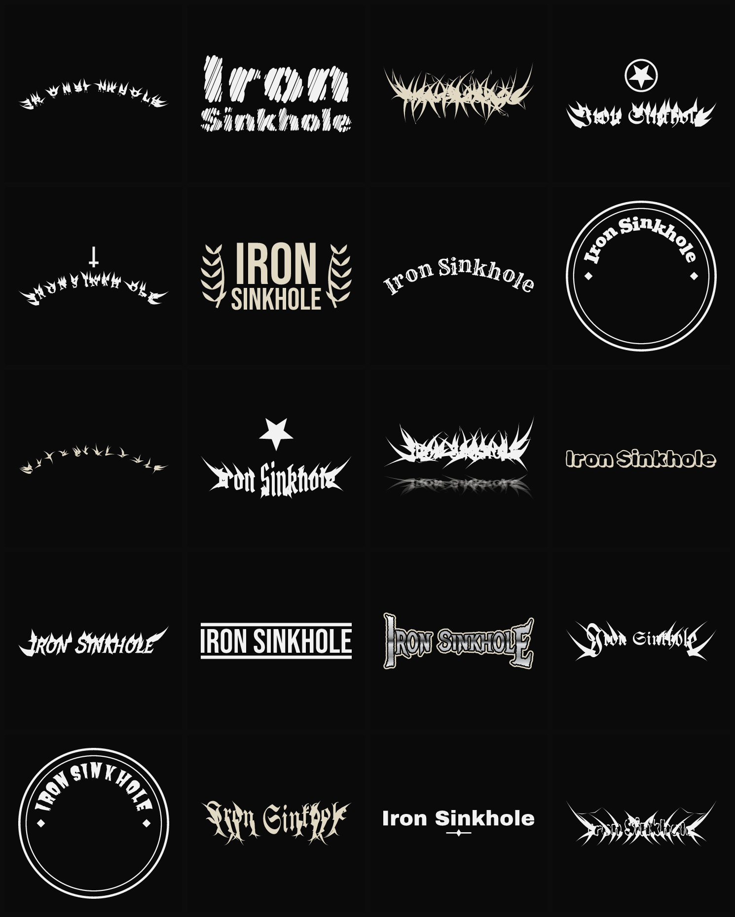 Twenty Iron Sinkhole band logo ideas — different faces, treatments and spike settings