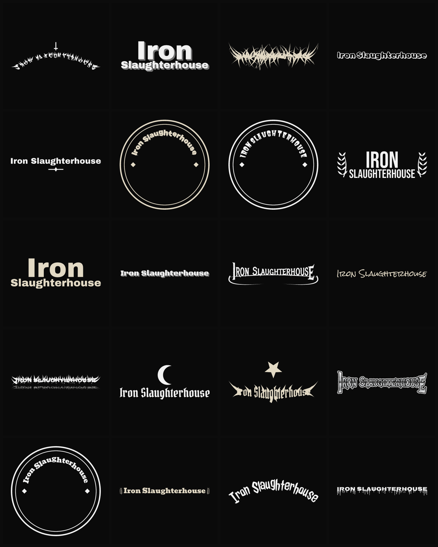 Twenty Iron Slaughterhouse band logo ideas — different faces, treatments and spike settings