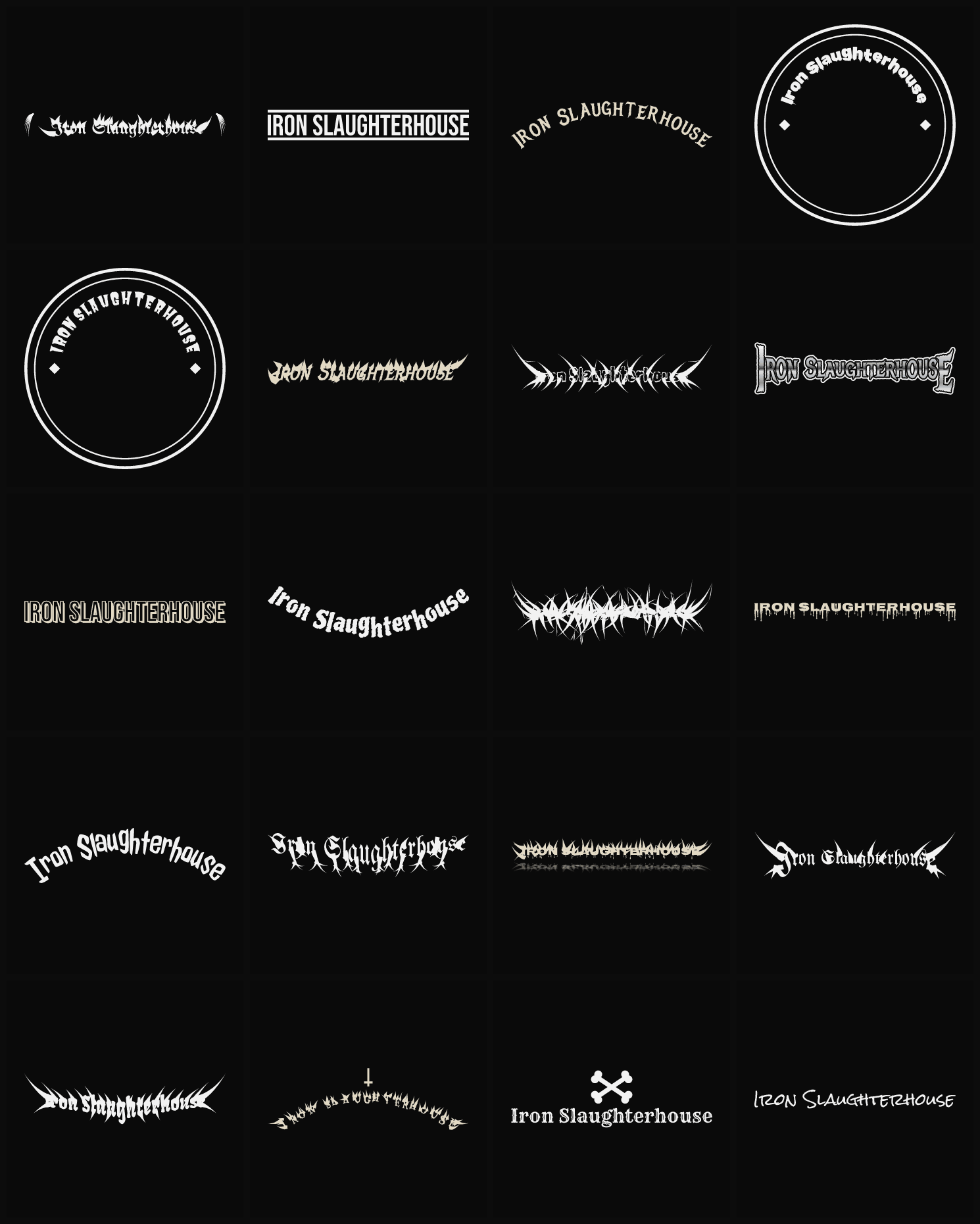 Twenty Iron Slaughterhouse band logo ideas — different faces, treatments and spike settings