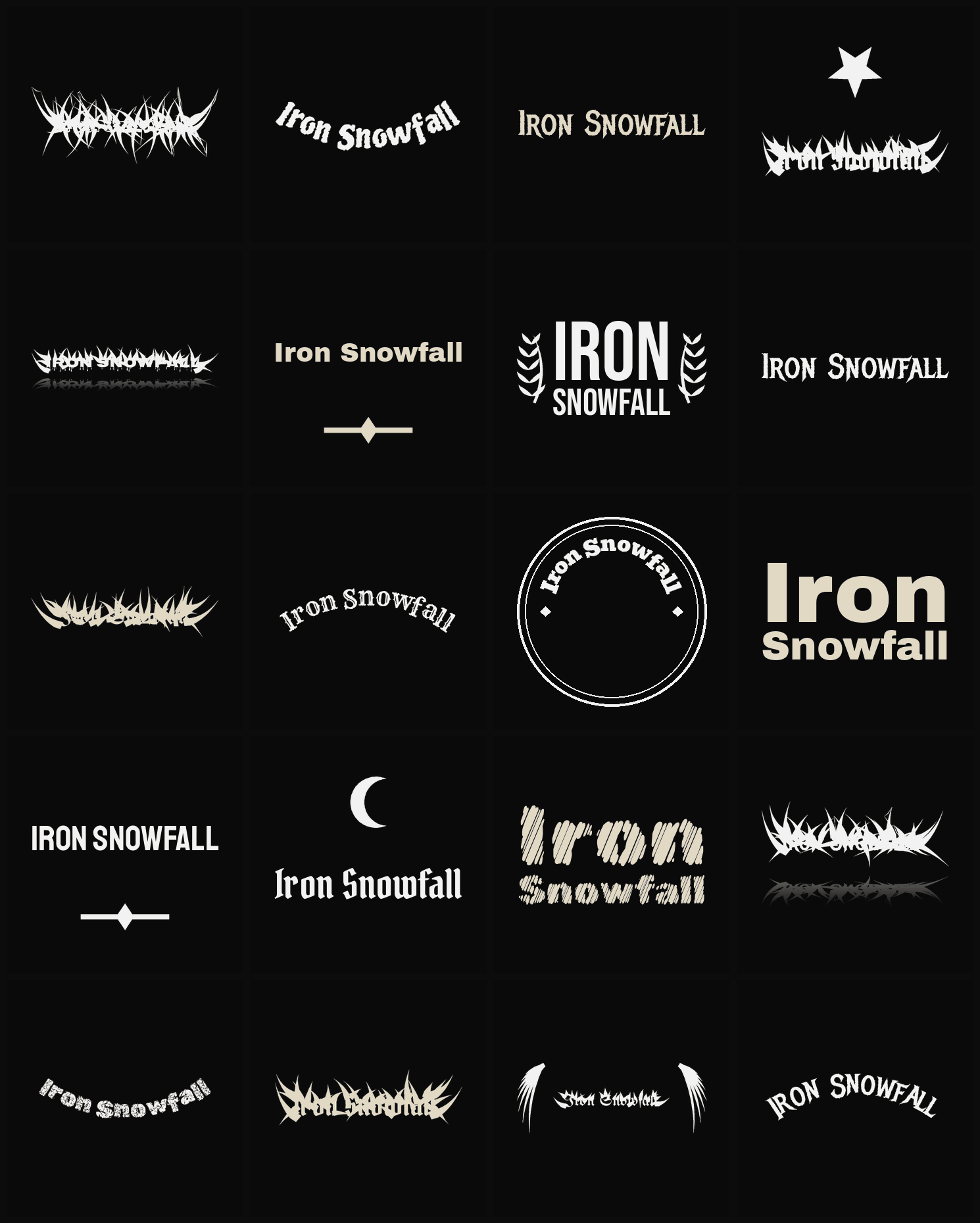 Twenty Iron Snowfall band logo ideas — different faces, treatments and spike settings
