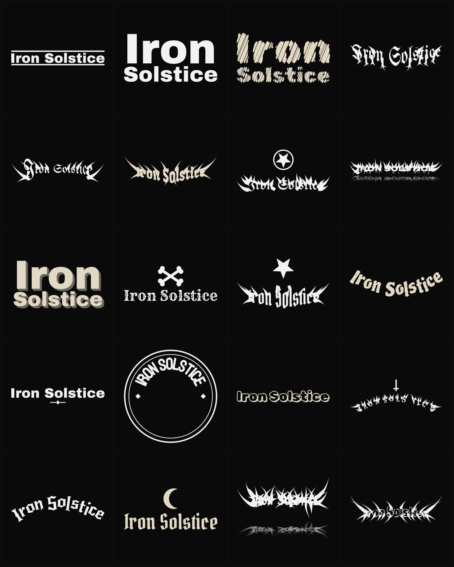 Twenty Iron Solstice band logo ideas — different faces, treatments and spike settings