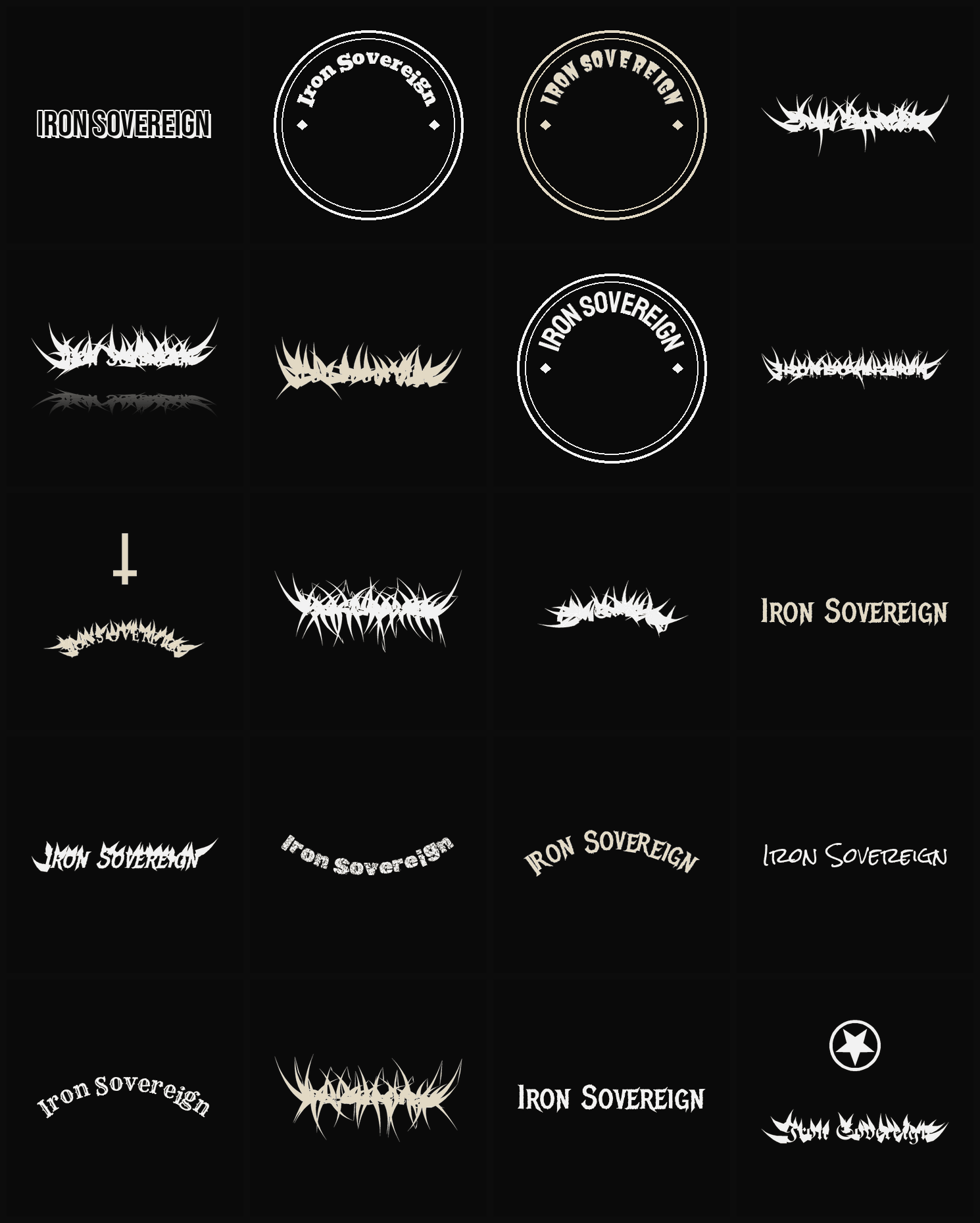 Twenty Iron Sovereign band logo ideas — different faces, treatments and spike settings