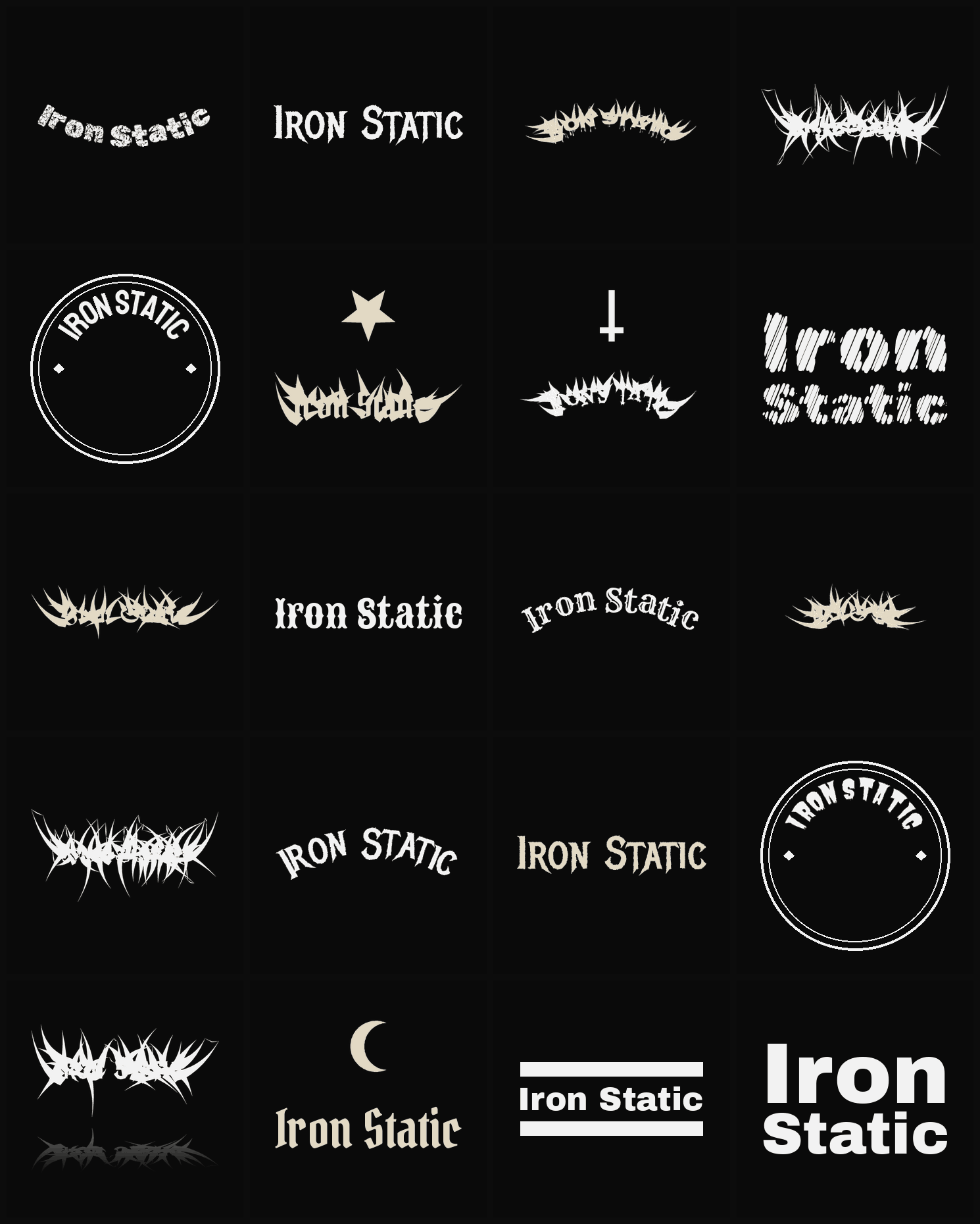Twenty Iron Static band logo ideas — different faces, treatments and spike settings