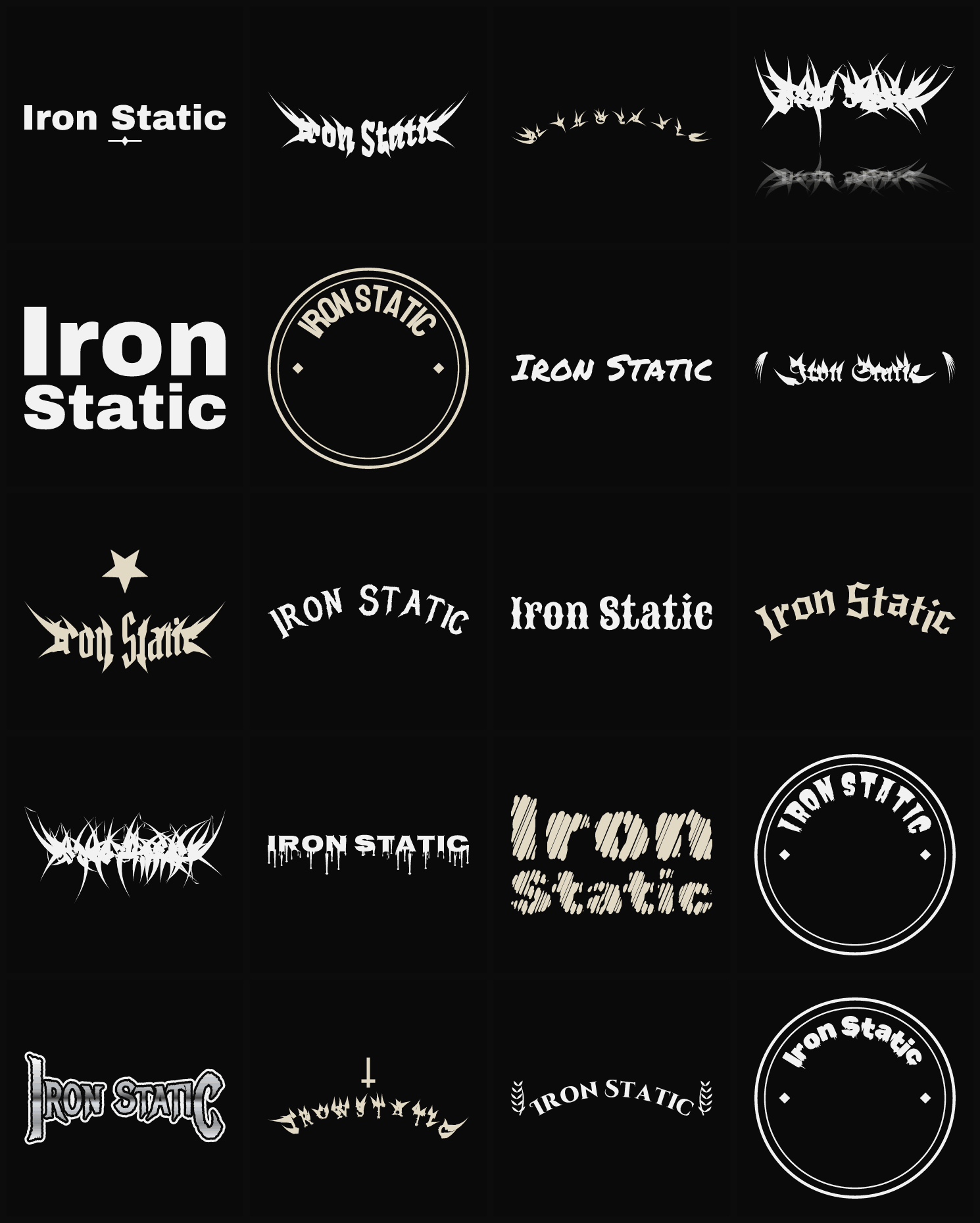 Twenty Iron Static band logo ideas — different faces, treatments and spike settings