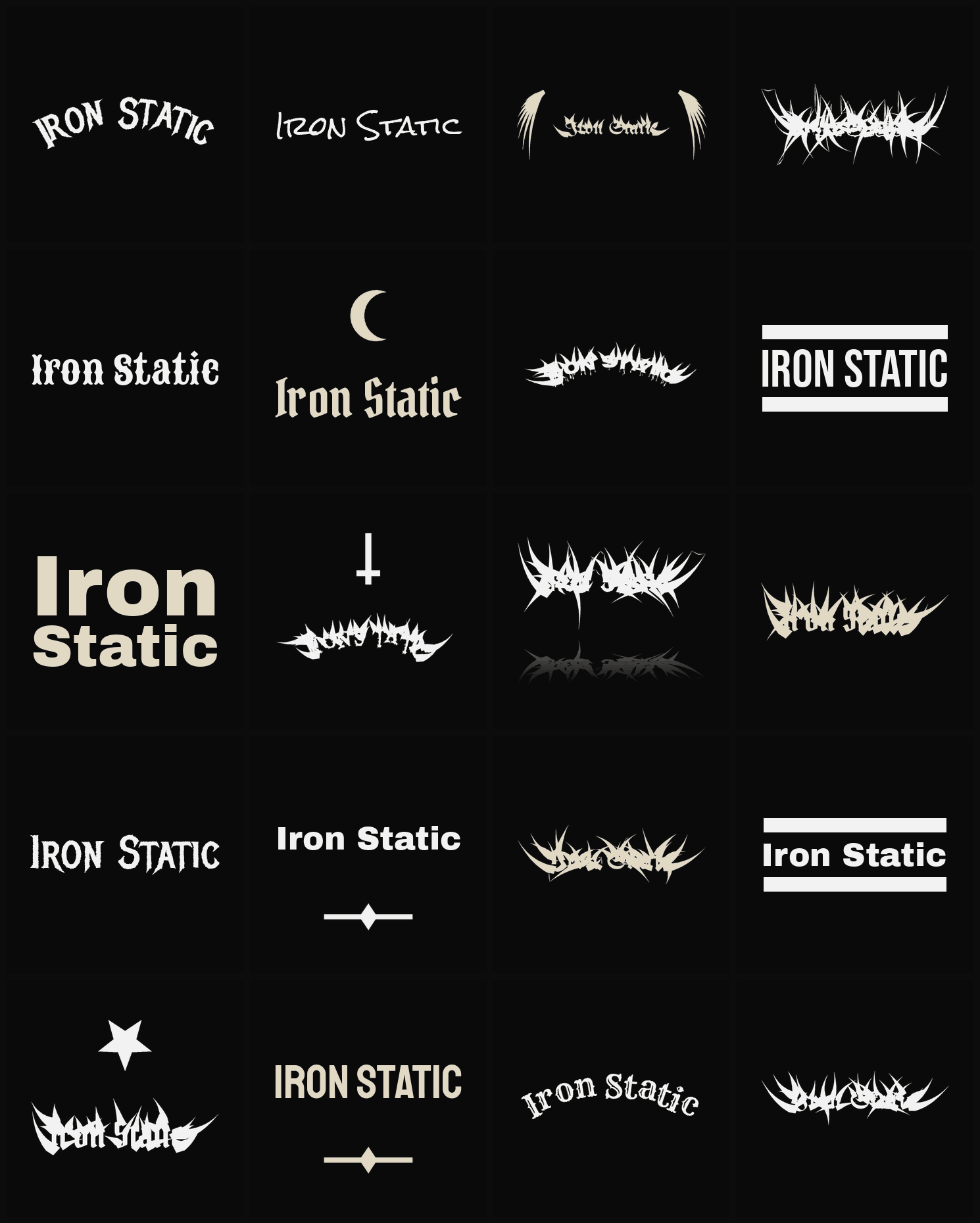 Twenty Iron Static band logo ideas — different faces, treatments and spike settings