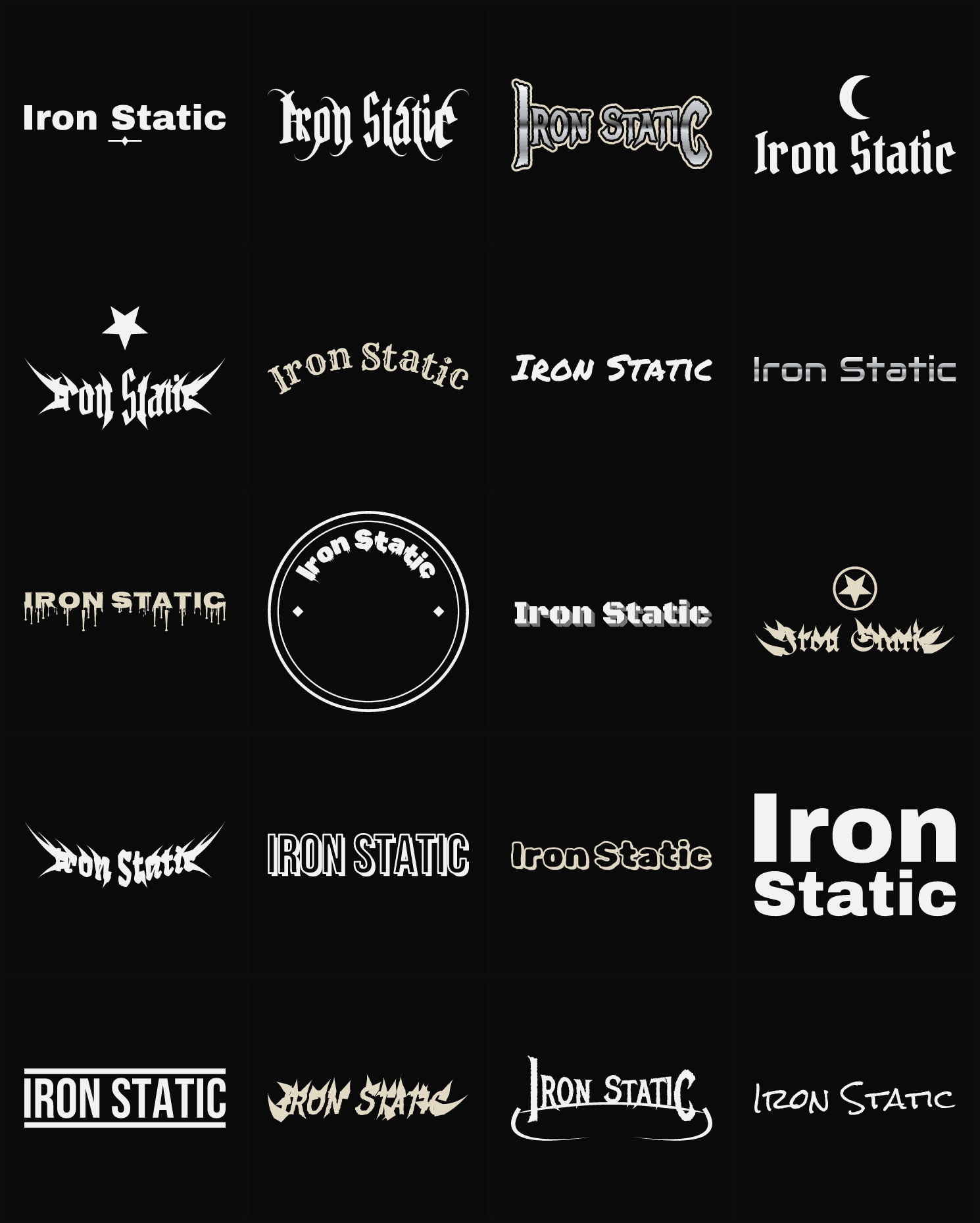 Twenty Iron Static band logo ideas — different faces, treatments and spike settings