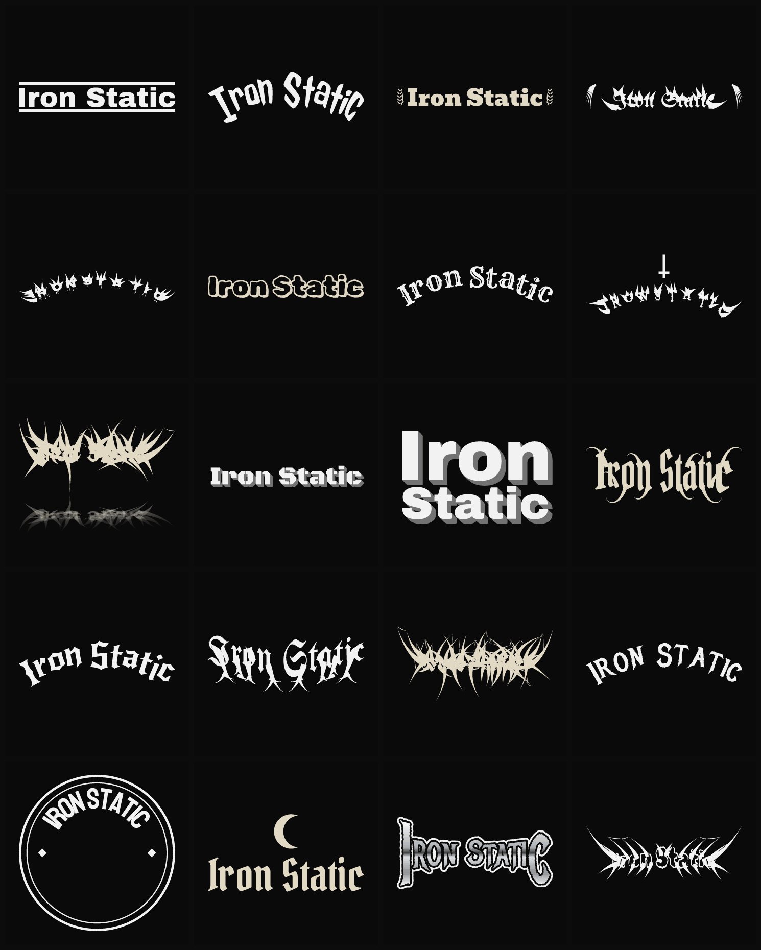 Twenty Iron Static band logo ideas — different faces, treatments and spike settings