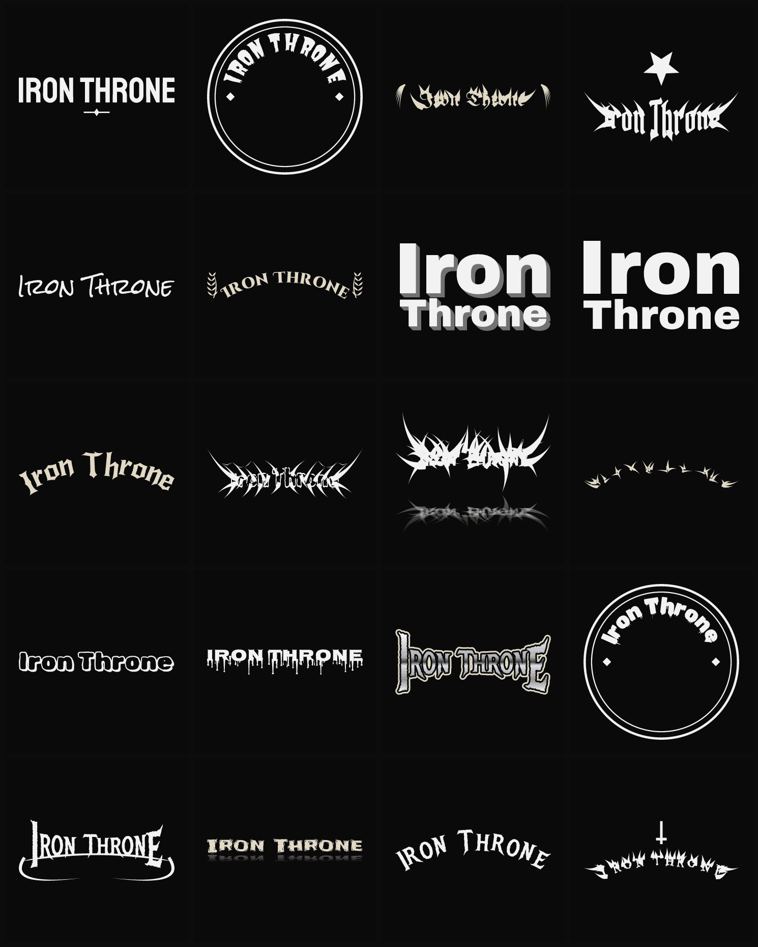 Twenty Iron Throne band logo ideas — different faces, treatments and spike settings