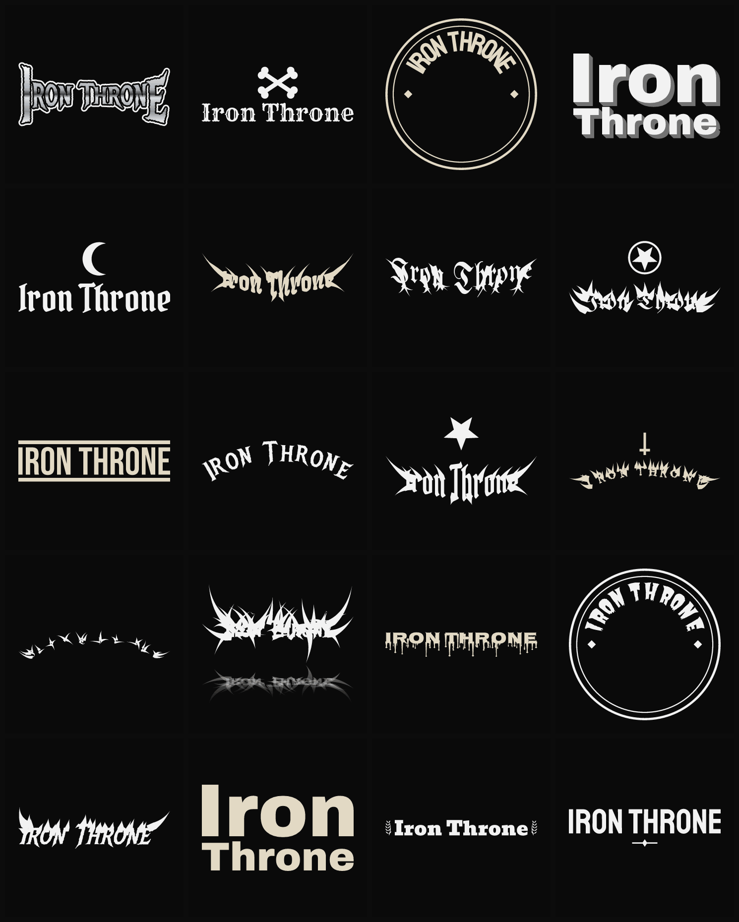 Twenty Iron Throne band logo ideas — different faces, treatments and spike settings