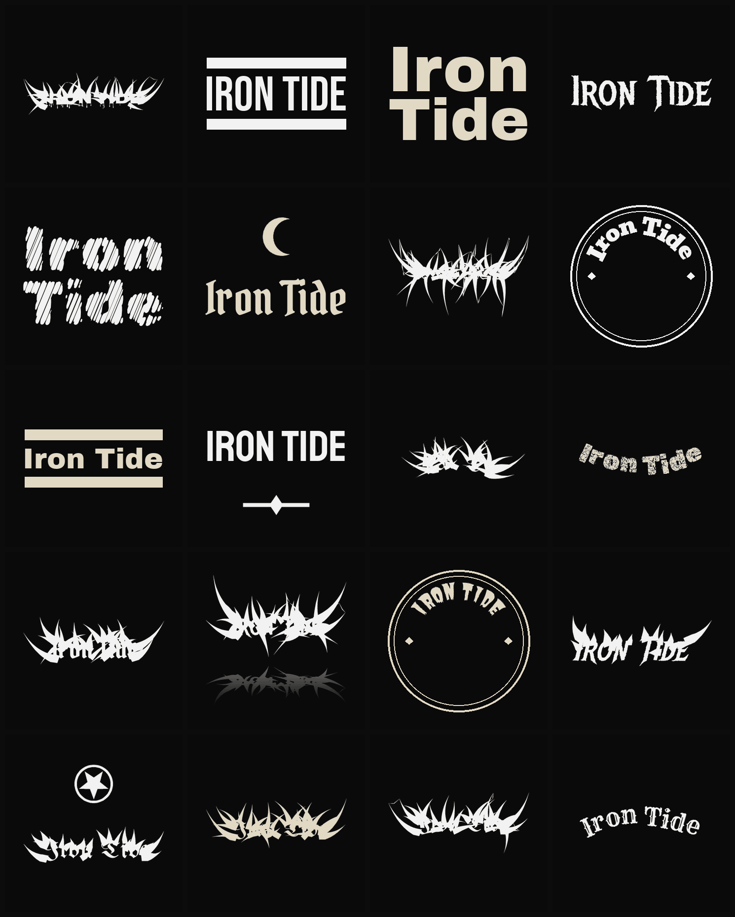 Twenty Iron Tide band logo ideas — different faces, treatments and spike settings