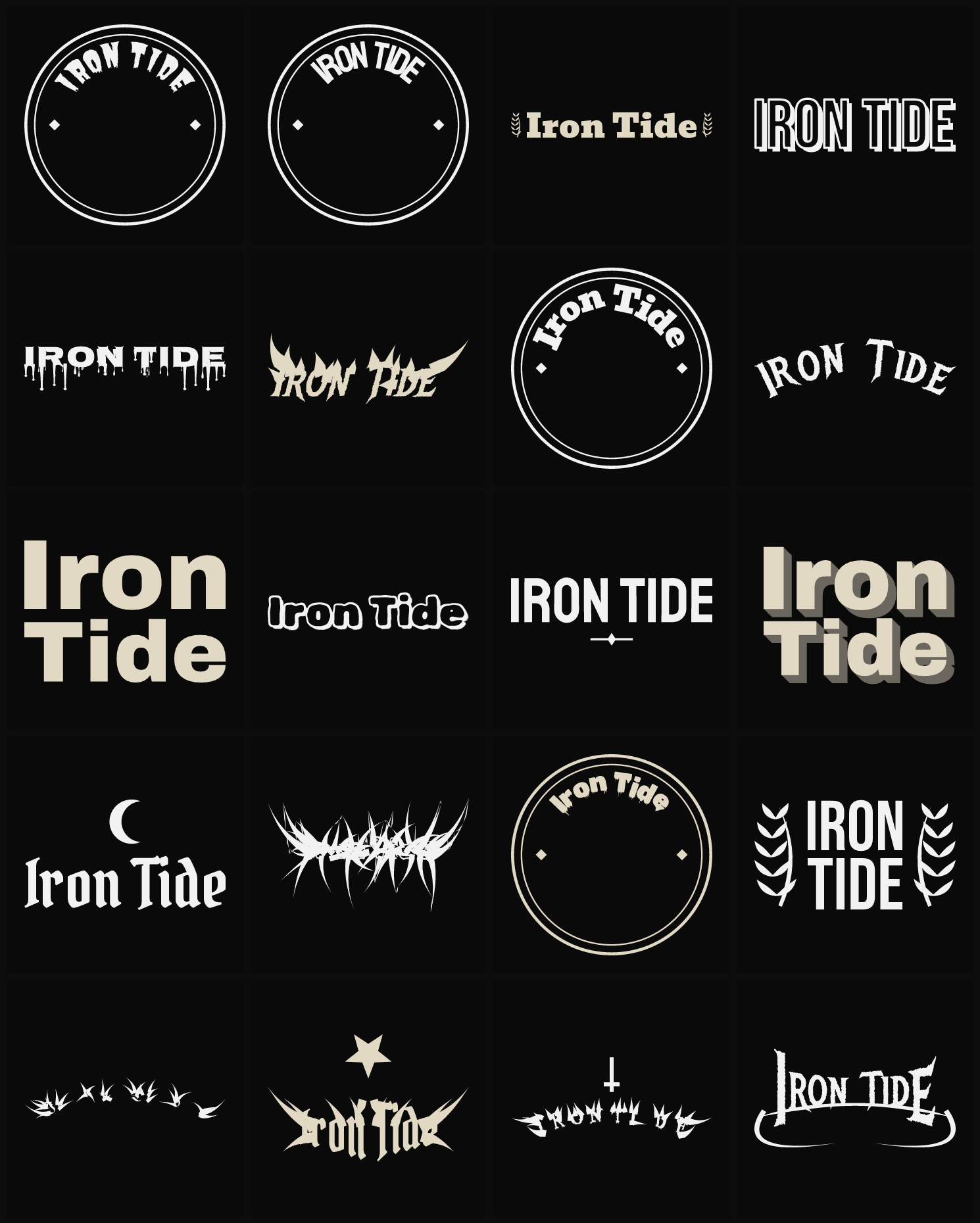 Twenty Iron Tide band logo ideas — different faces, treatments and spike settings