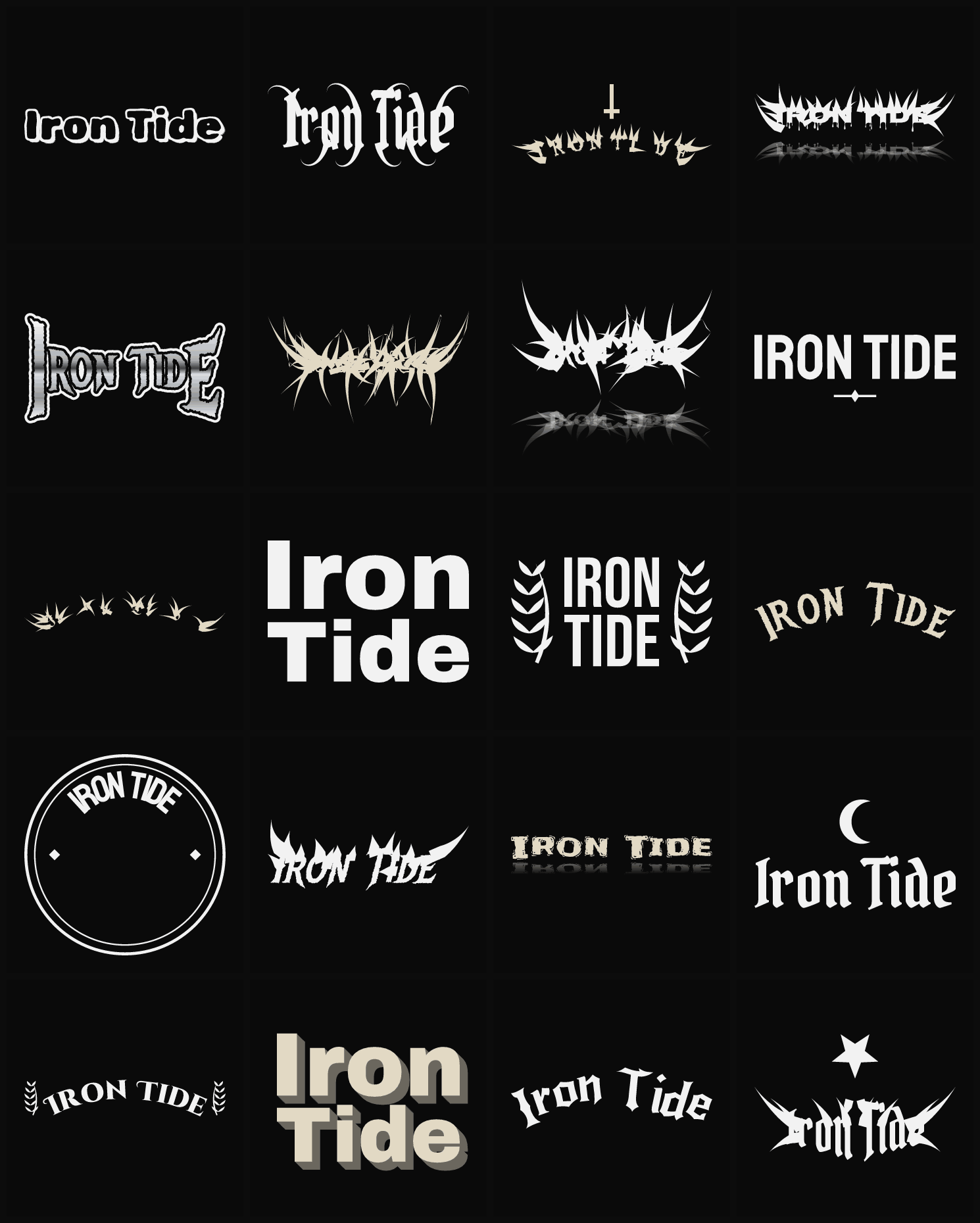 Twenty Iron Tide band logo ideas — different faces, treatments and spike settings