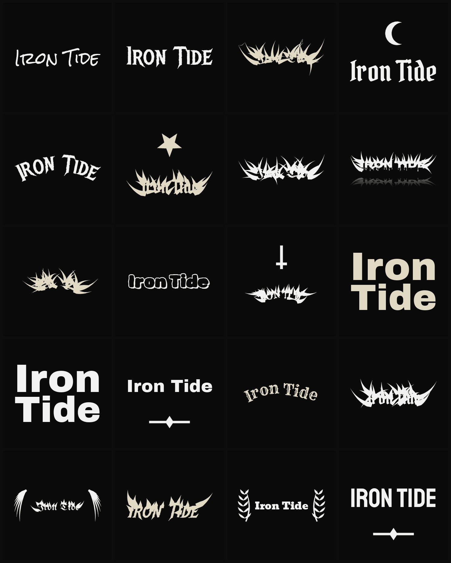 Twenty Iron Tide band logo ideas — different faces, treatments and spike settings