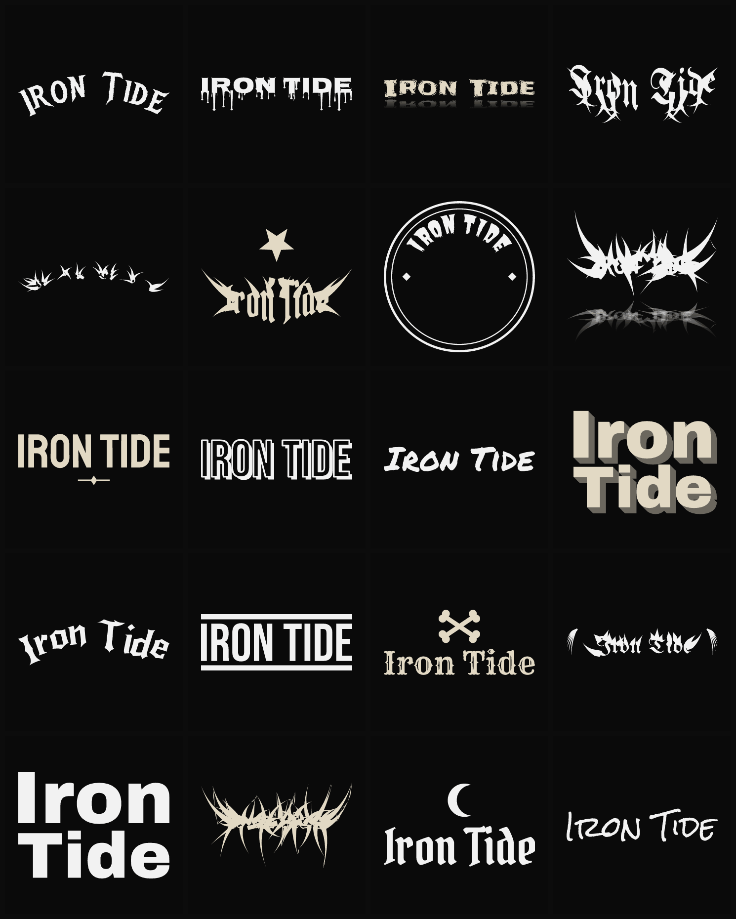 Twenty Iron Tide band logo ideas — different faces, treatments and spike settings