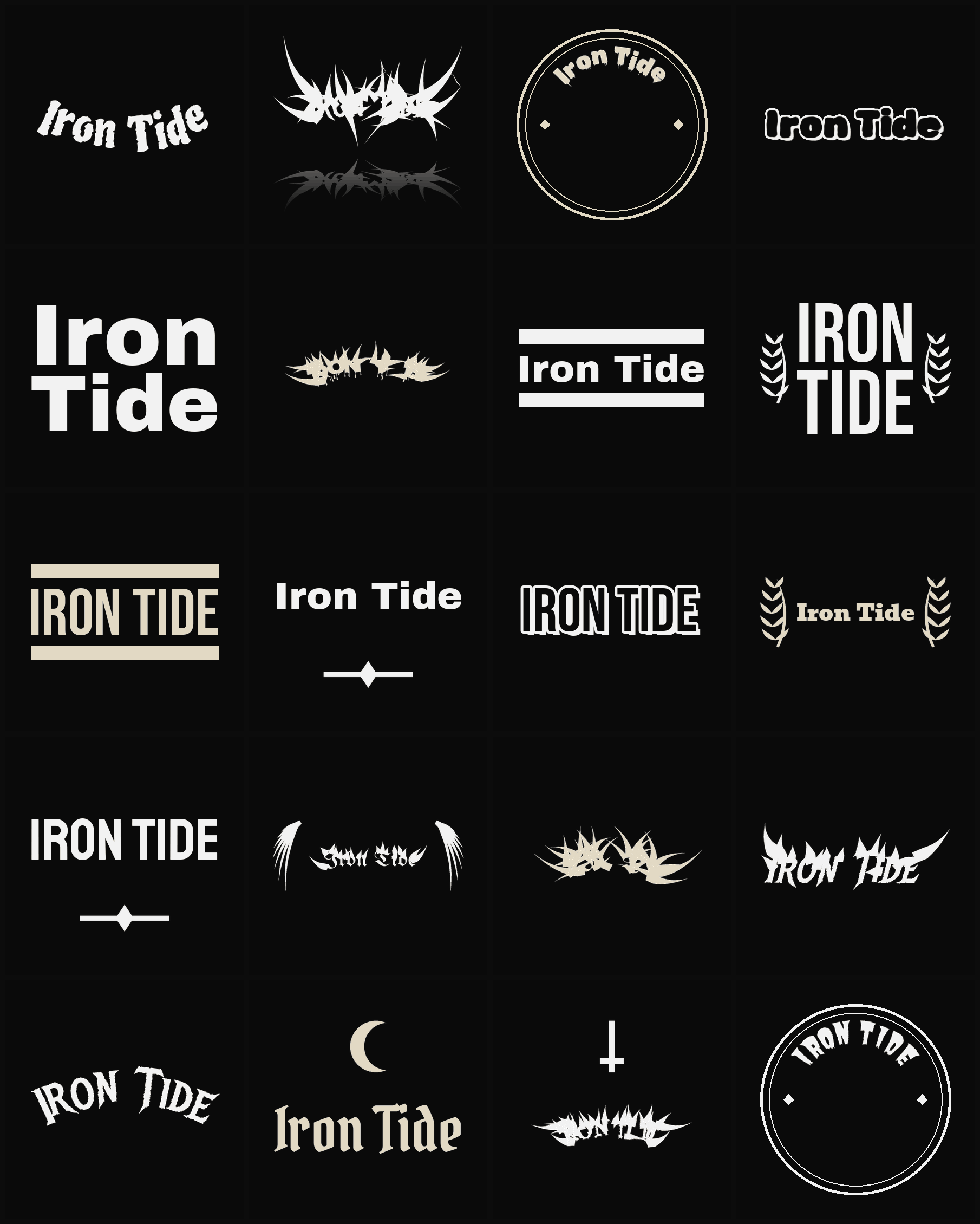 Twenty Iron Tide band logo ideas — different faces, treatments and spike settings