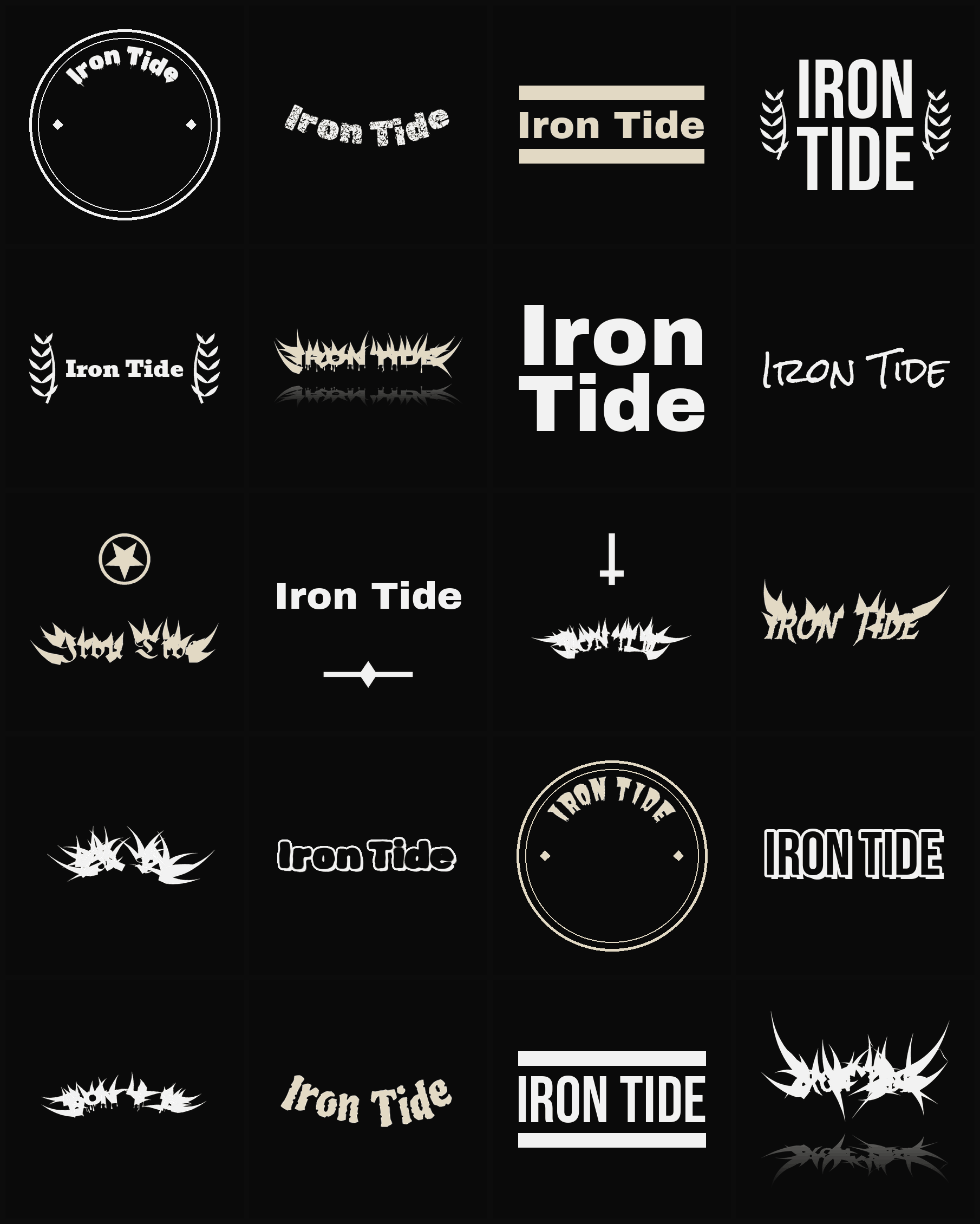 Twenty Iron Tide band logo ideas — different faces, treatments and spike settings