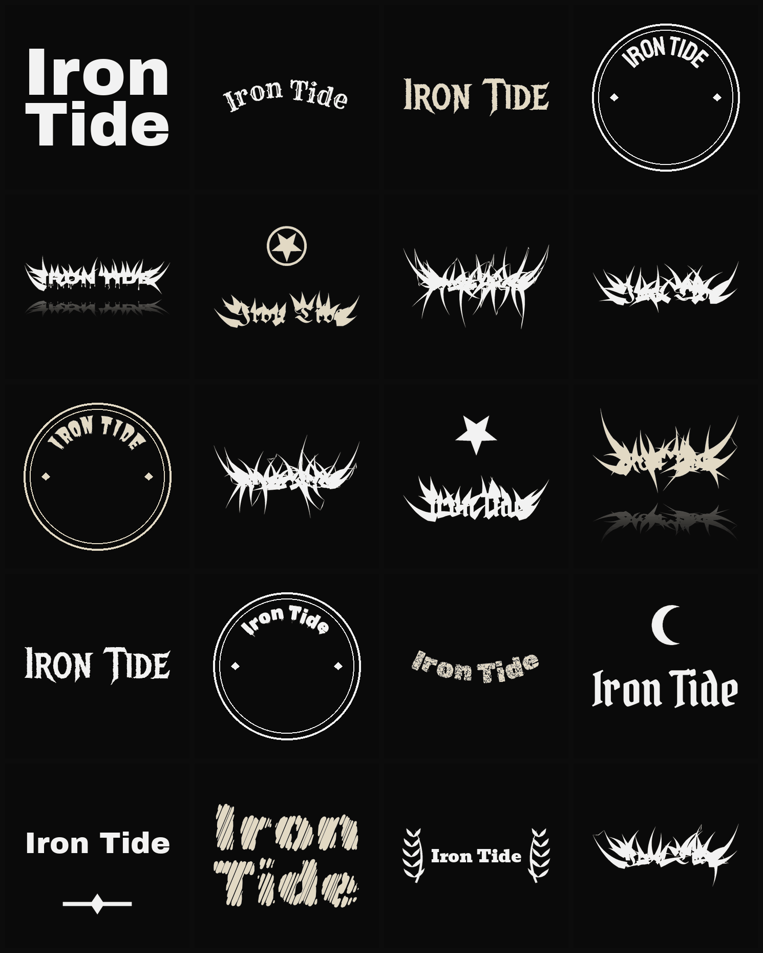 Twenty Iron Tide band logo ideas — different faces, treatments and spike settings