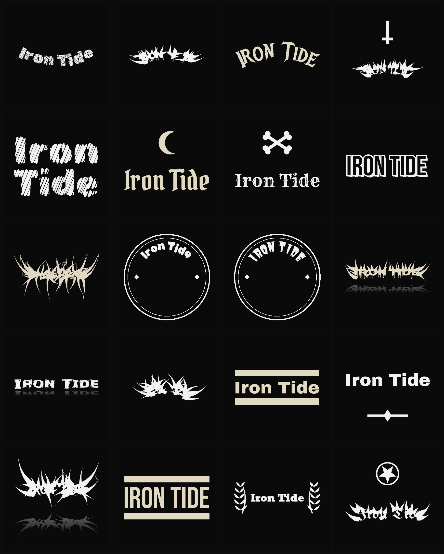 Twenty Iron Tide band logo ideas — different faces, treatments and spike settings