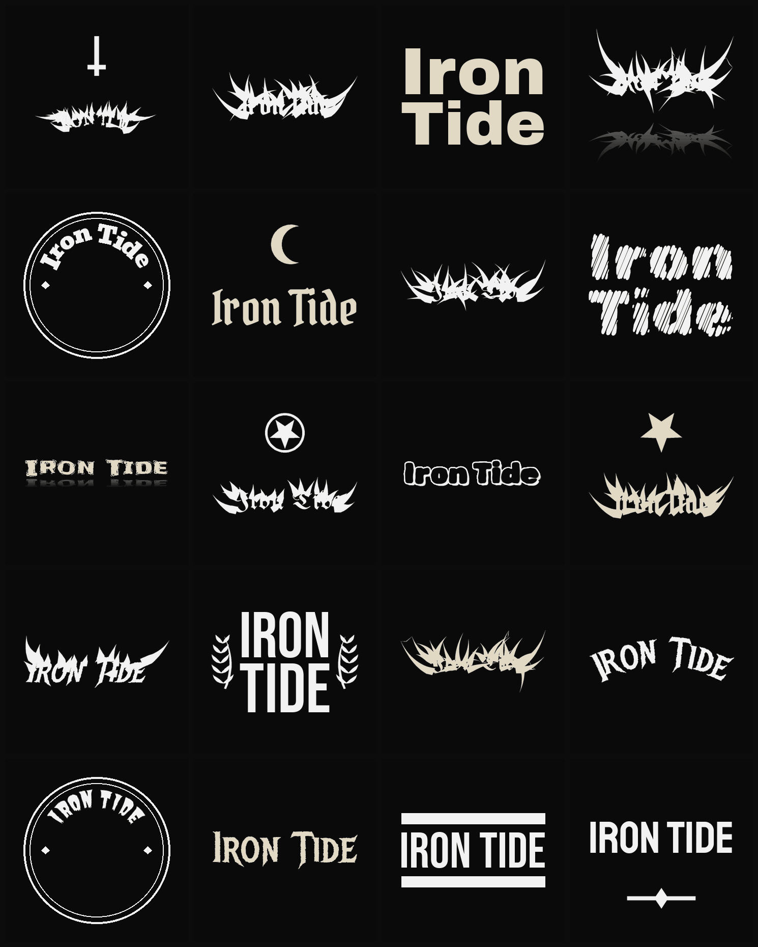 Twenty Iron Tide band logo ideas — different faces, treatments and spike settings