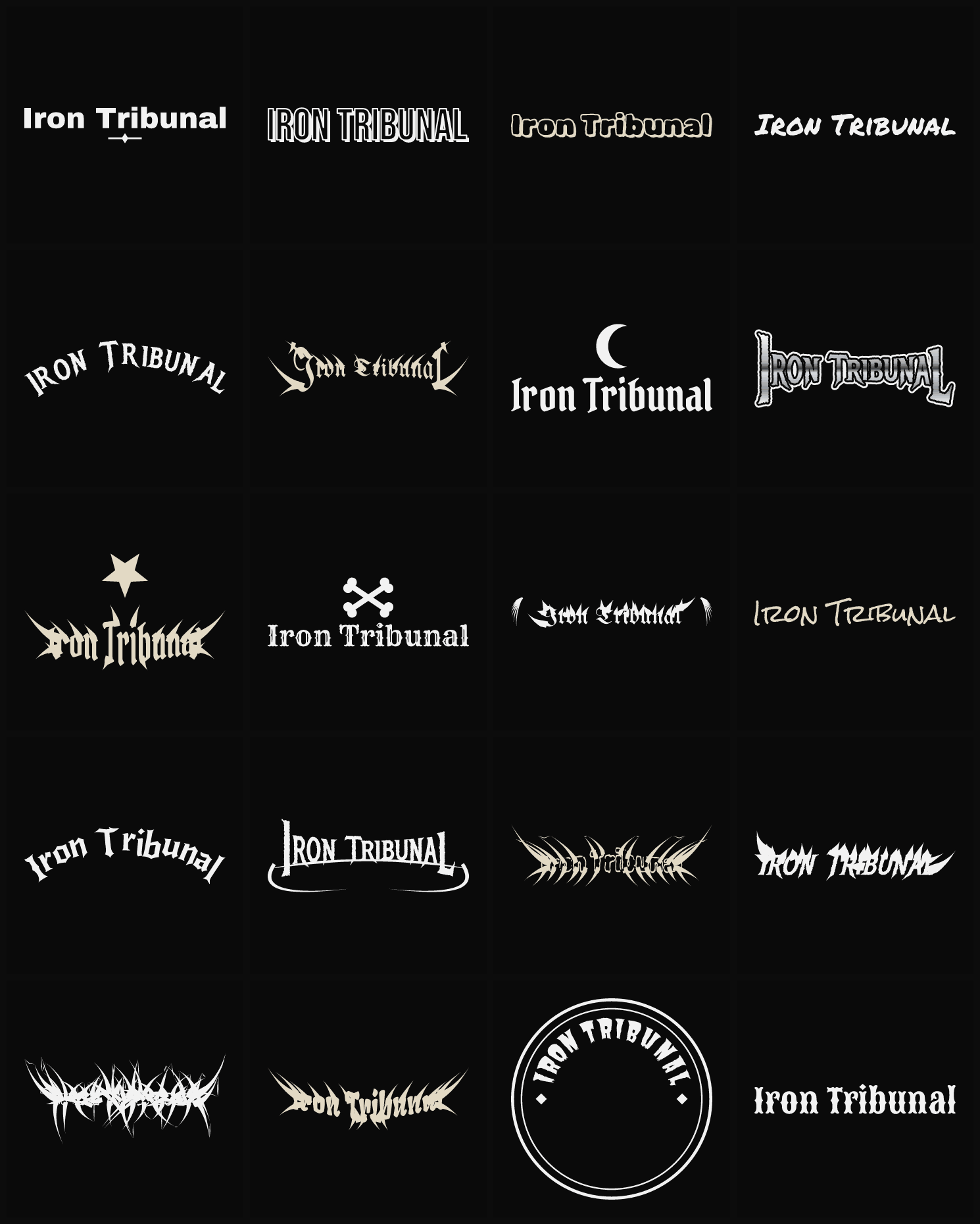 Twenty Iron Tribunal band logo ideas — different faces, treatments and spike settings