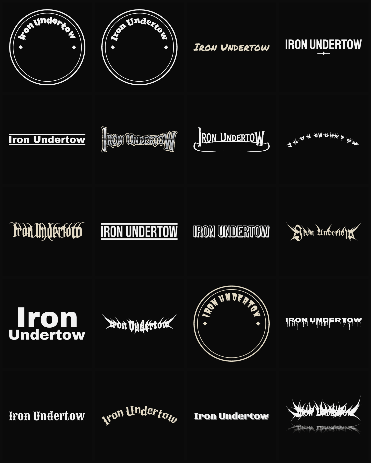 Twenty Iron Undertow band logo ideas — different faces, treatments and spike settings
