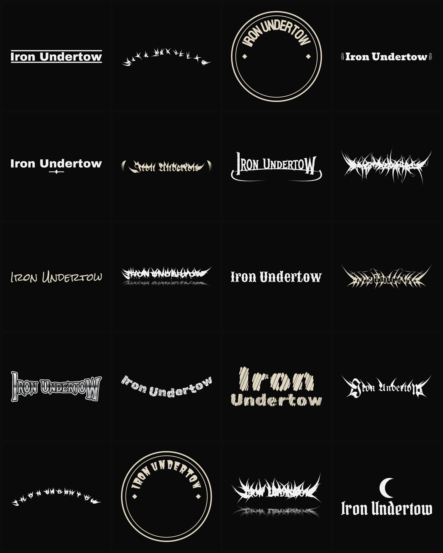 Twenty Iron Undertow band logo ideas — different faces, treatments and spike settings
