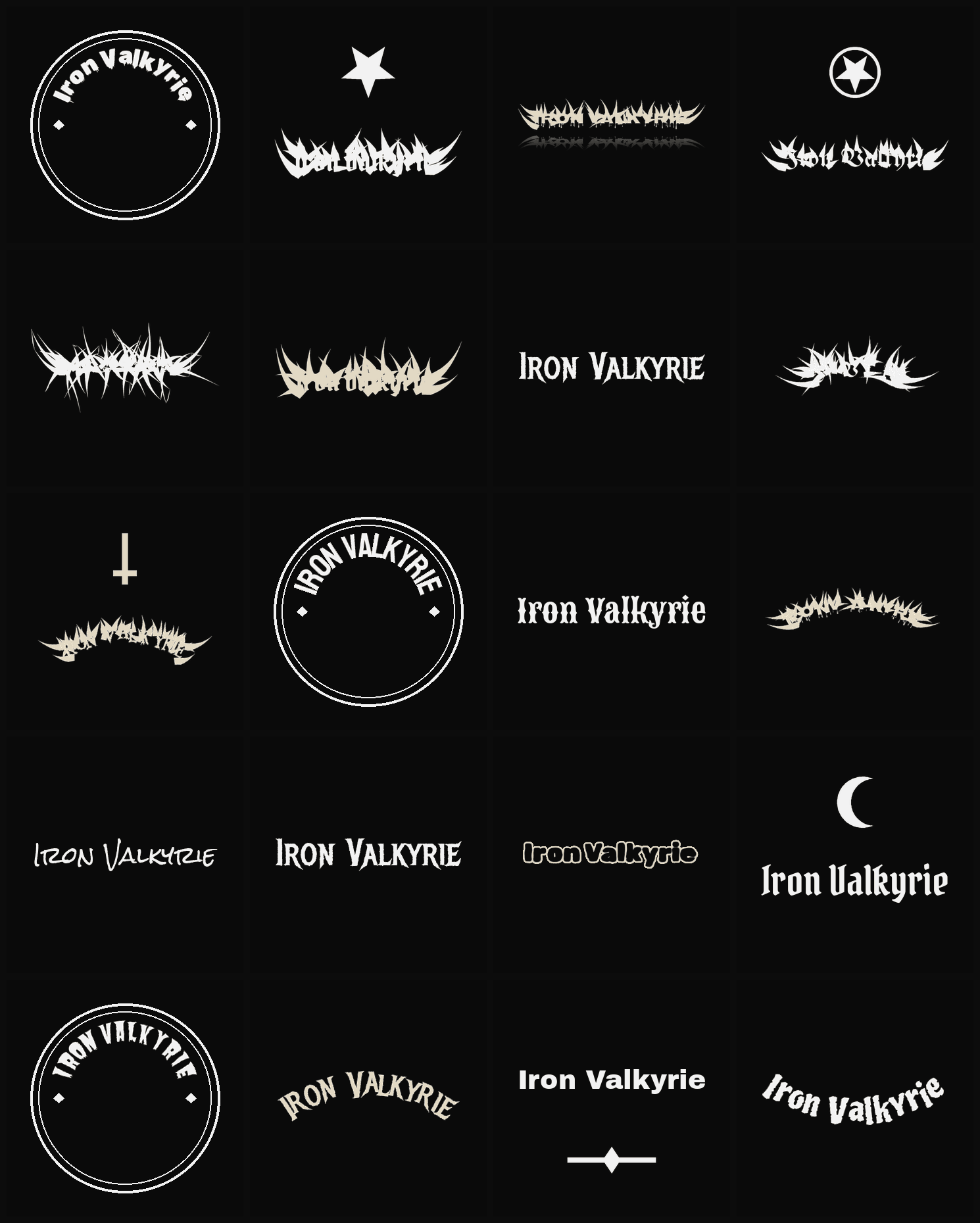 Twenty Iron Valkyrie band logo ideas — different faces, treatments and spike settings