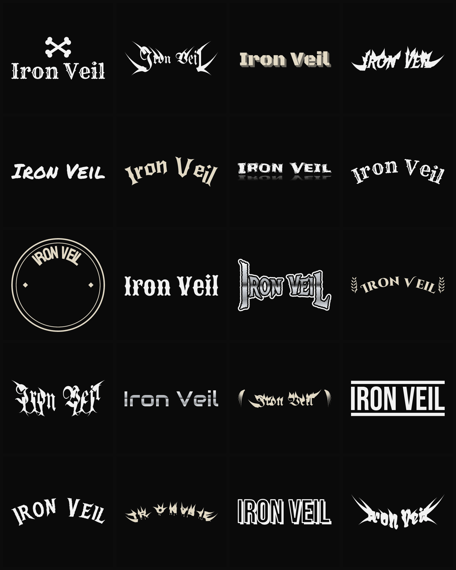 Twenty Iron Veil band logo ideas — different faces, treatments and spike settings