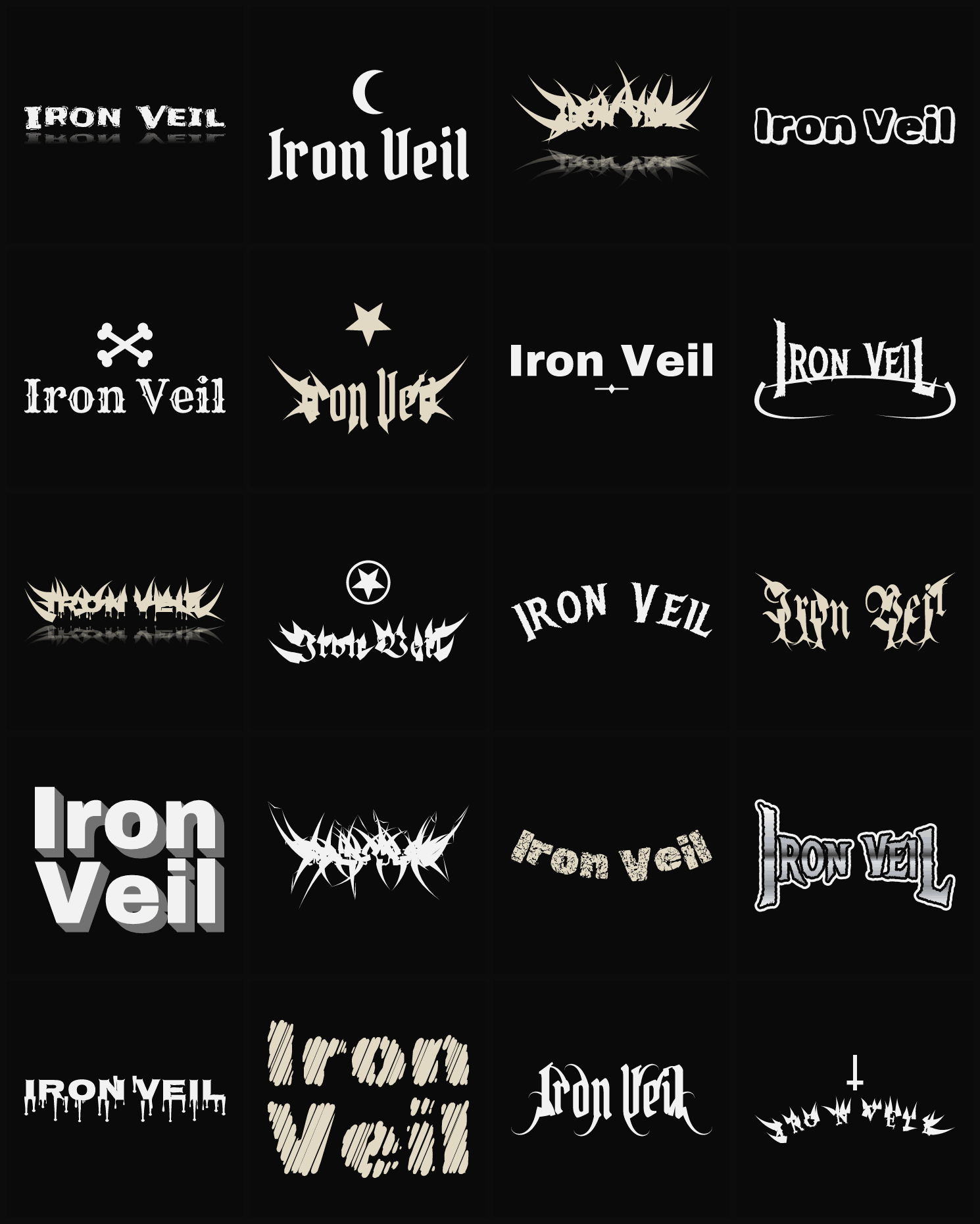 Twenty Iron Veil band logo ideas — different faces, treatments and spike settings