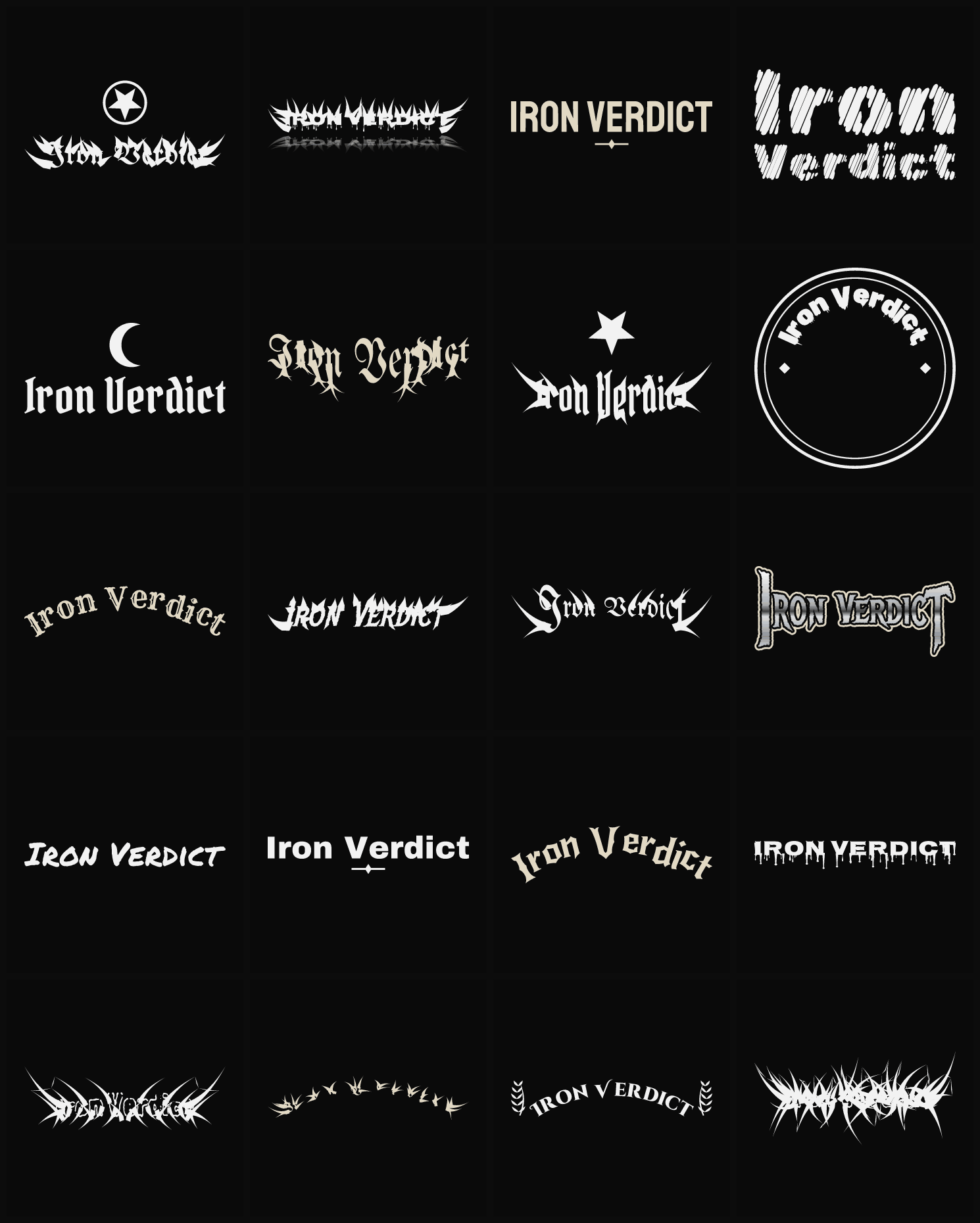 Twenty Iron Verdict band logo ideas — different faces, treatments and spike settings