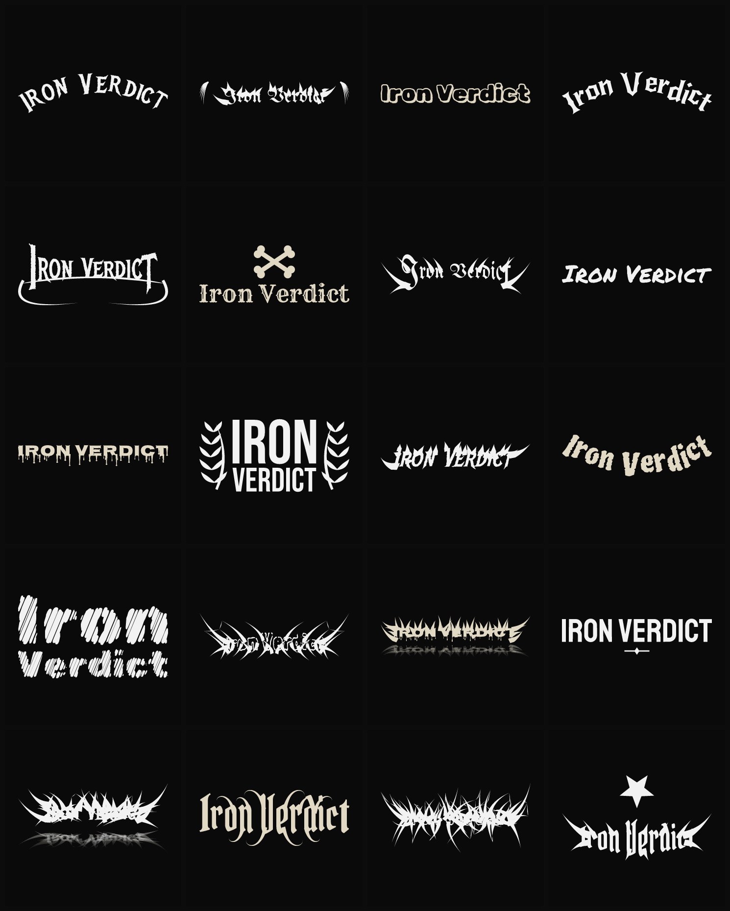 Twenty Iron Verdict band logo ideas — different faces, treatments and spike settings
