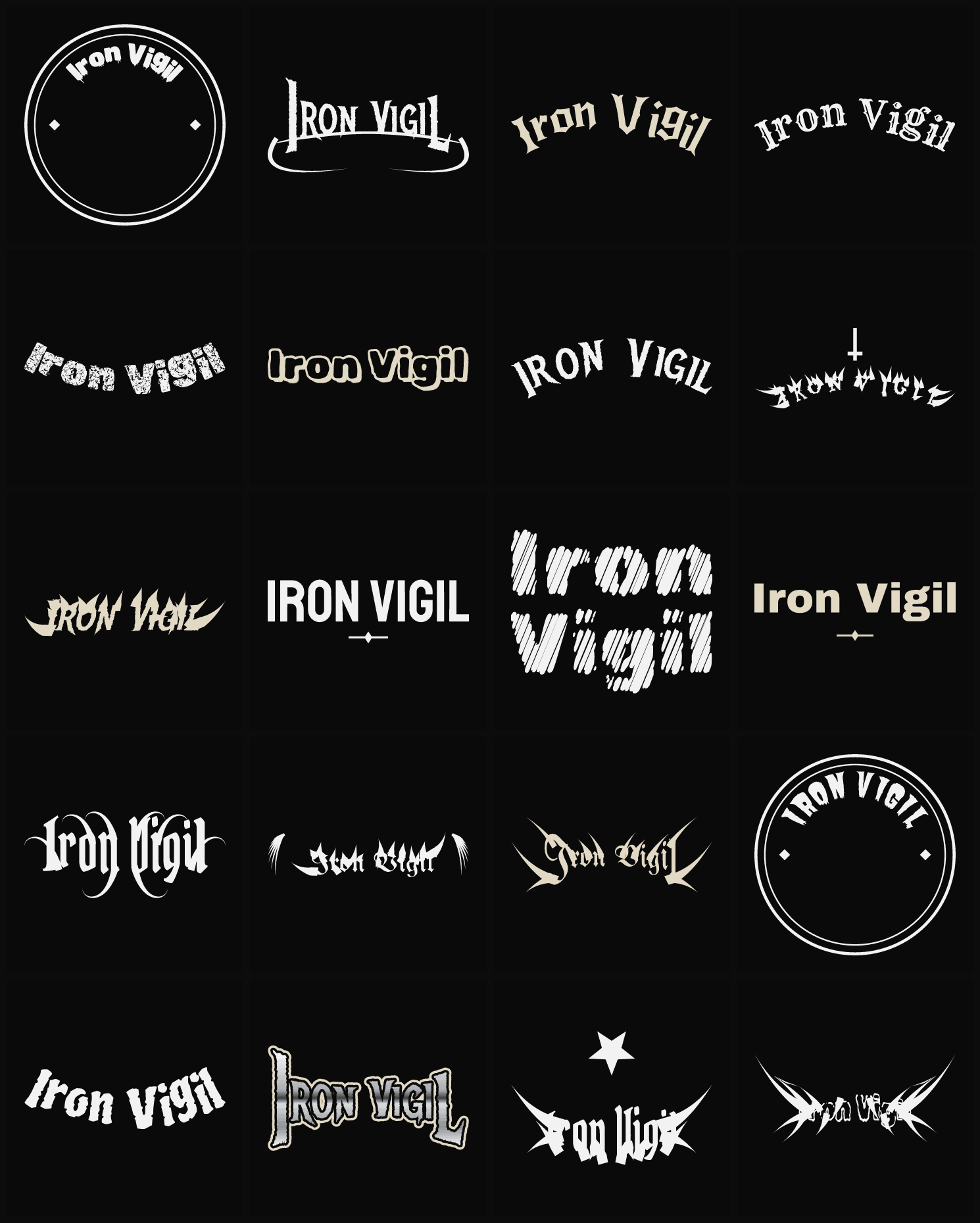 Twenty Iron Vigil band logo ideas — different faces, treatments and spike settings
