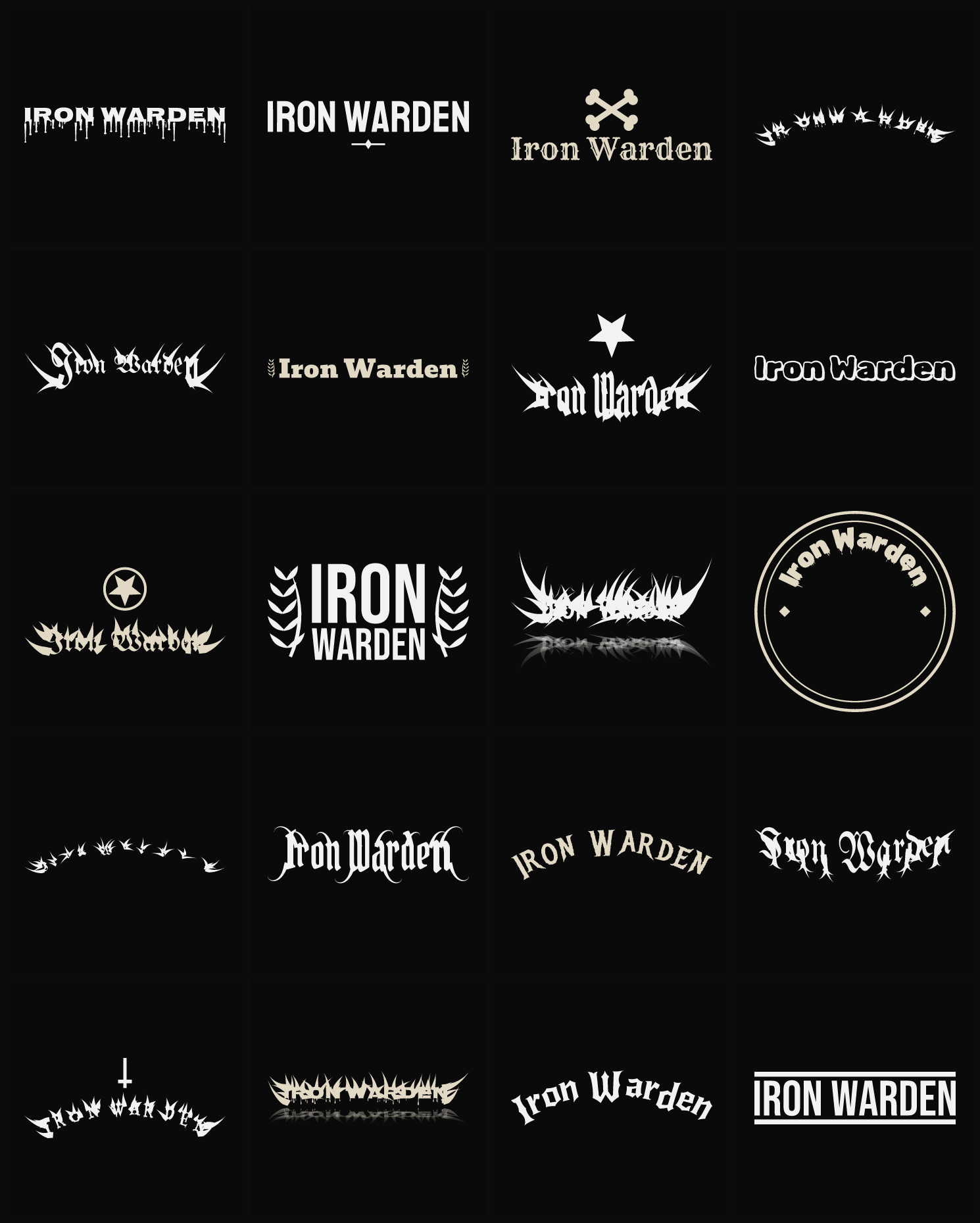 Twenty Iron Warden band logo ideas — different faces, treatments and spike settings