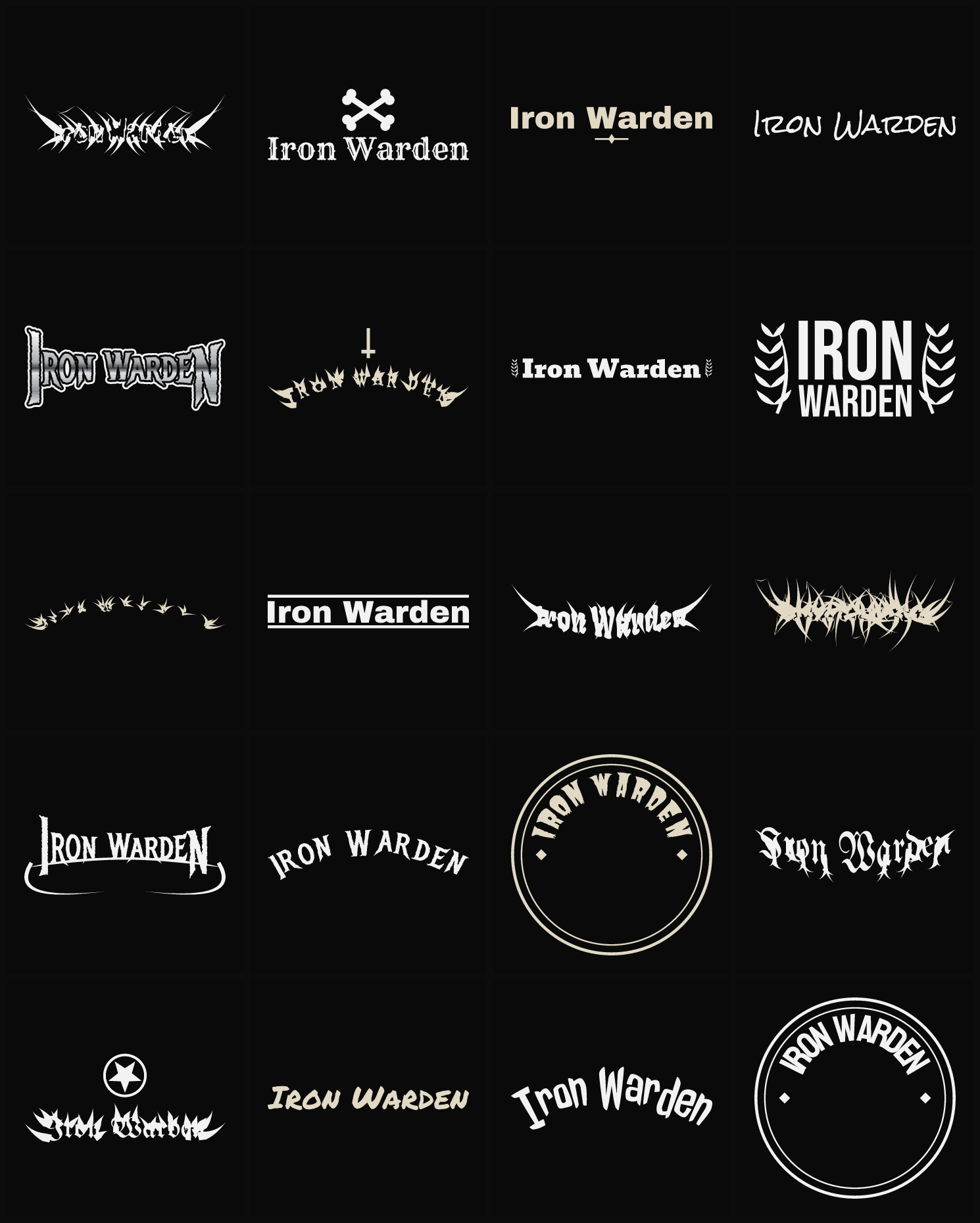 Twenty Iron Warden band logo ideas — different faces, treatments and spike settings