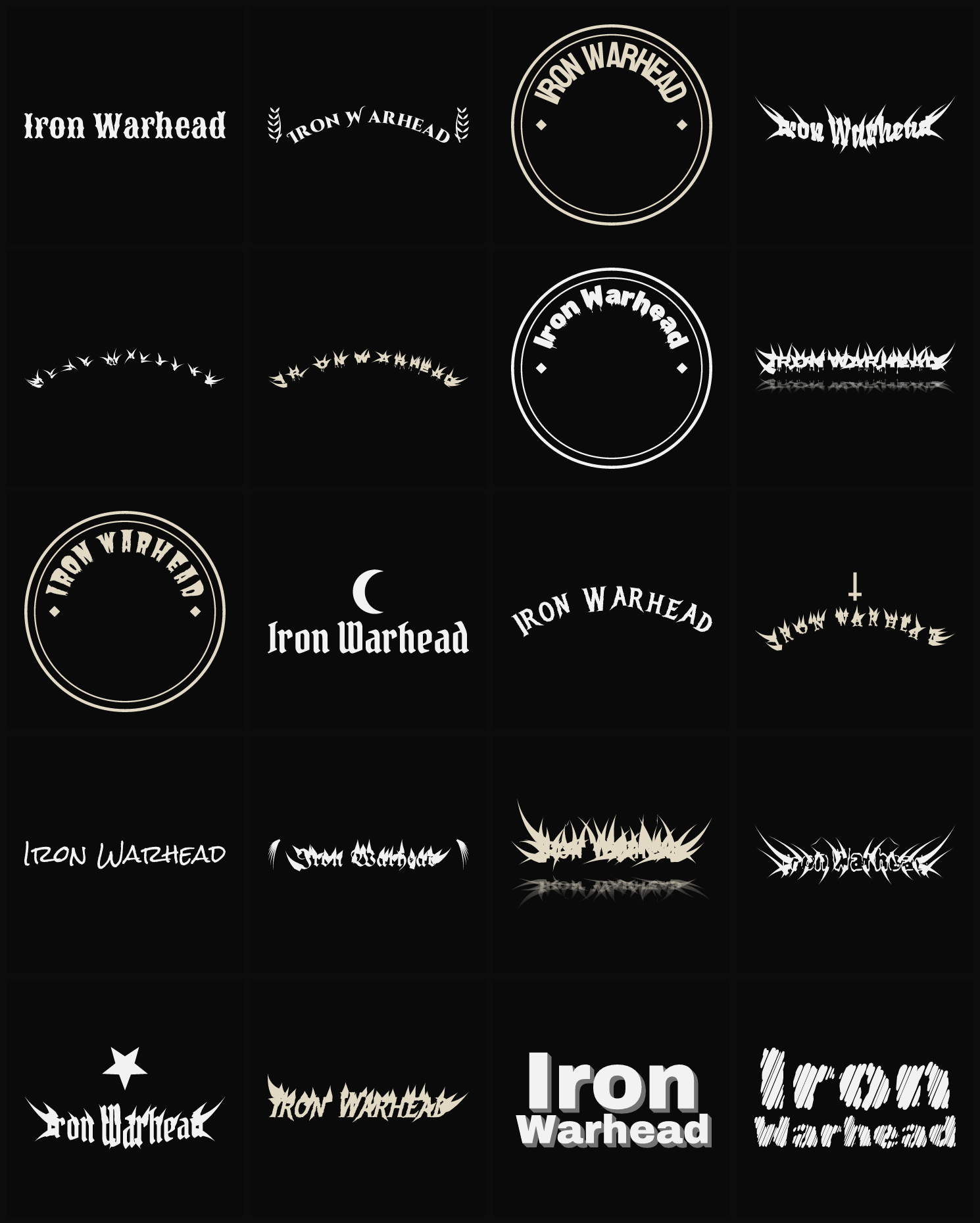 Twenty Iron Warhead band logo ideas — different faces, treatments and spike settings