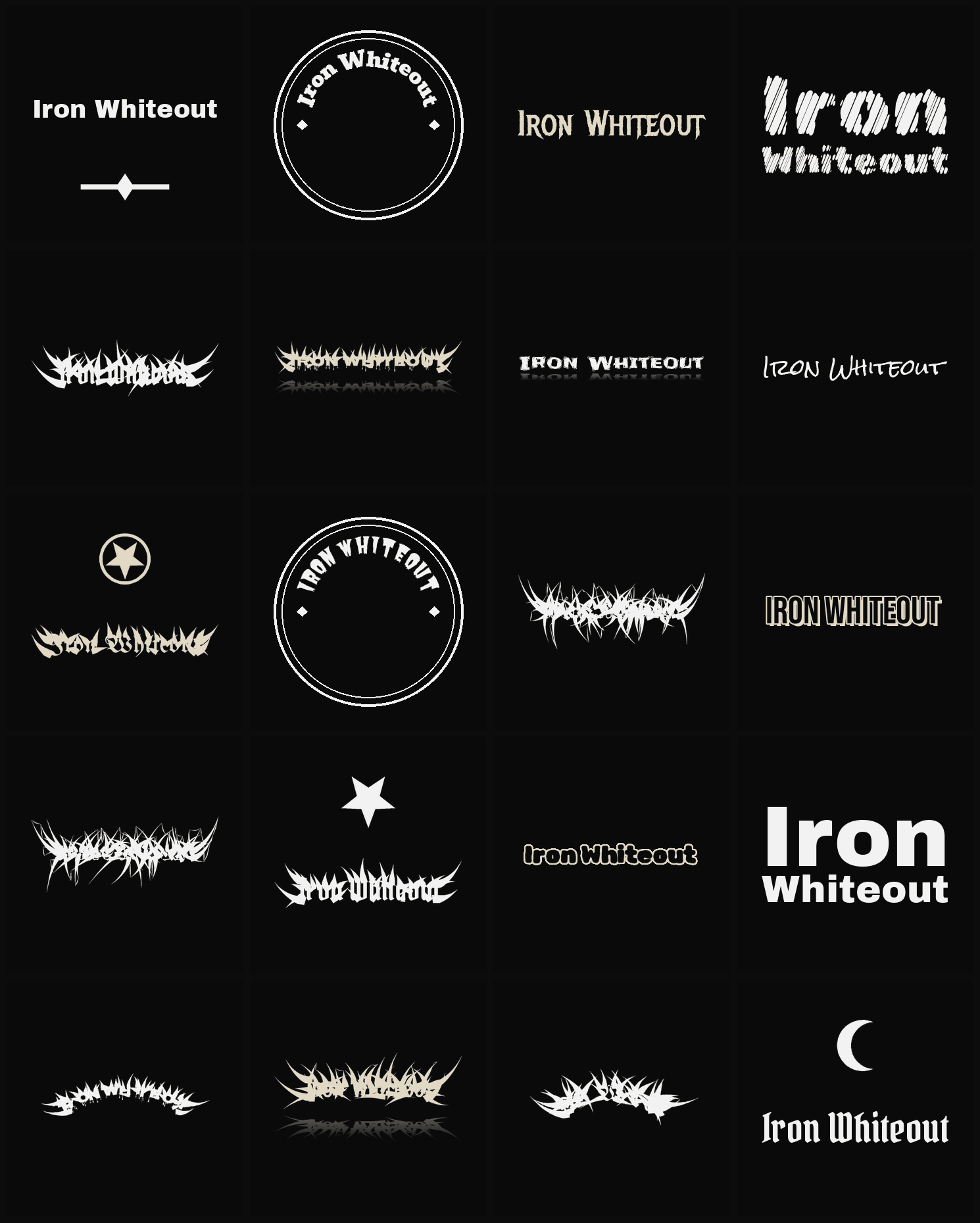 Twenty Iron Whiteout band logo ideas — different faces, treatments and spike settings