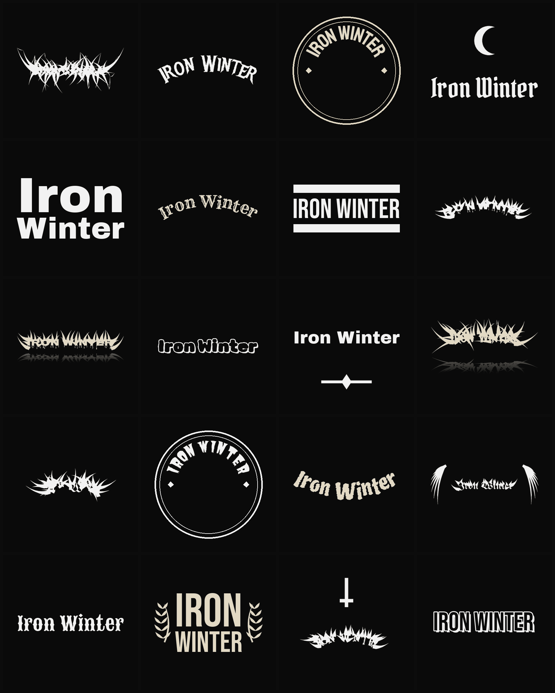 Twenty Iron Winter band logo ideas — different faces, treatments and spike settings