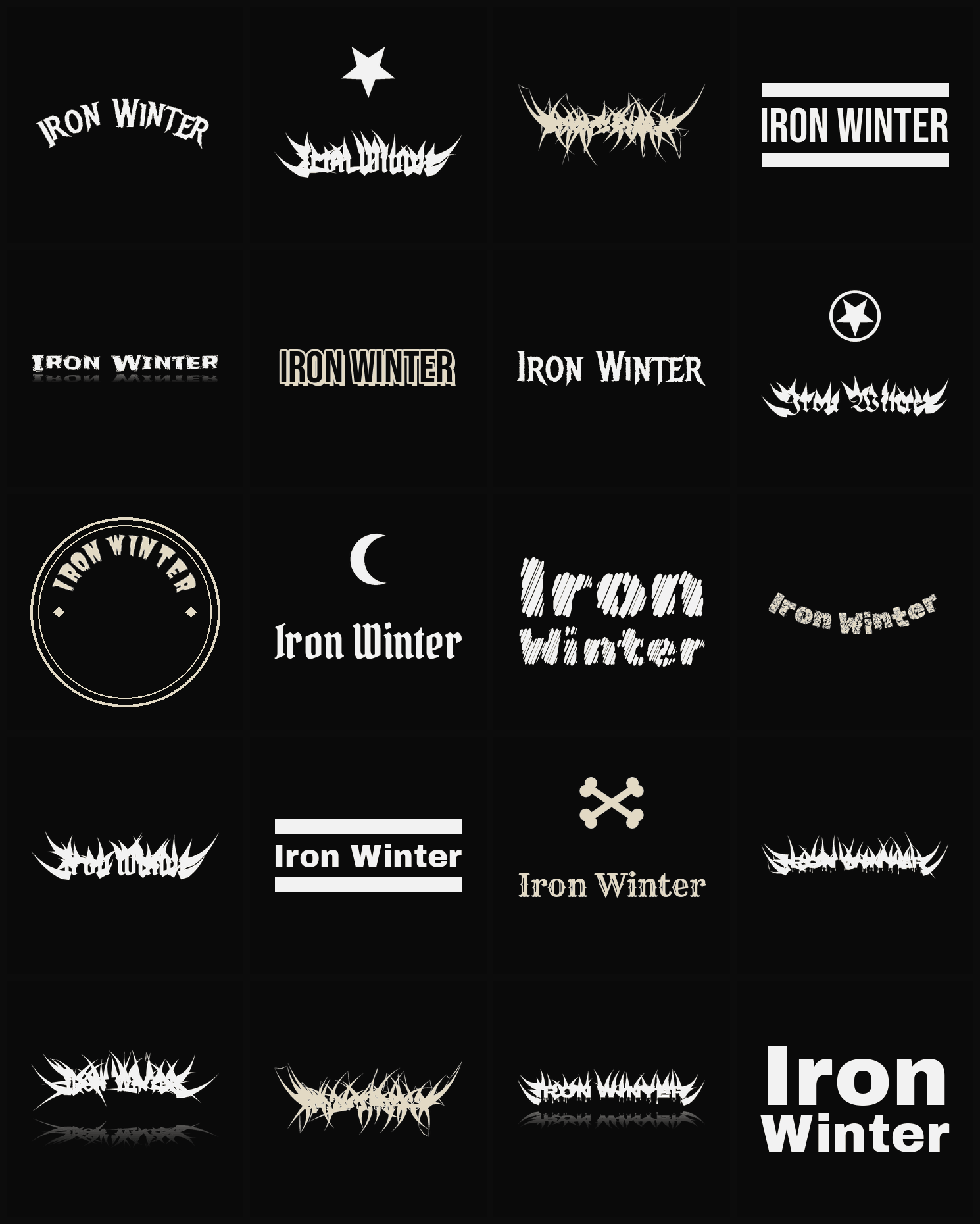 Twenty Iron Winter band logo ideas — different faces, treatments and spike settings
