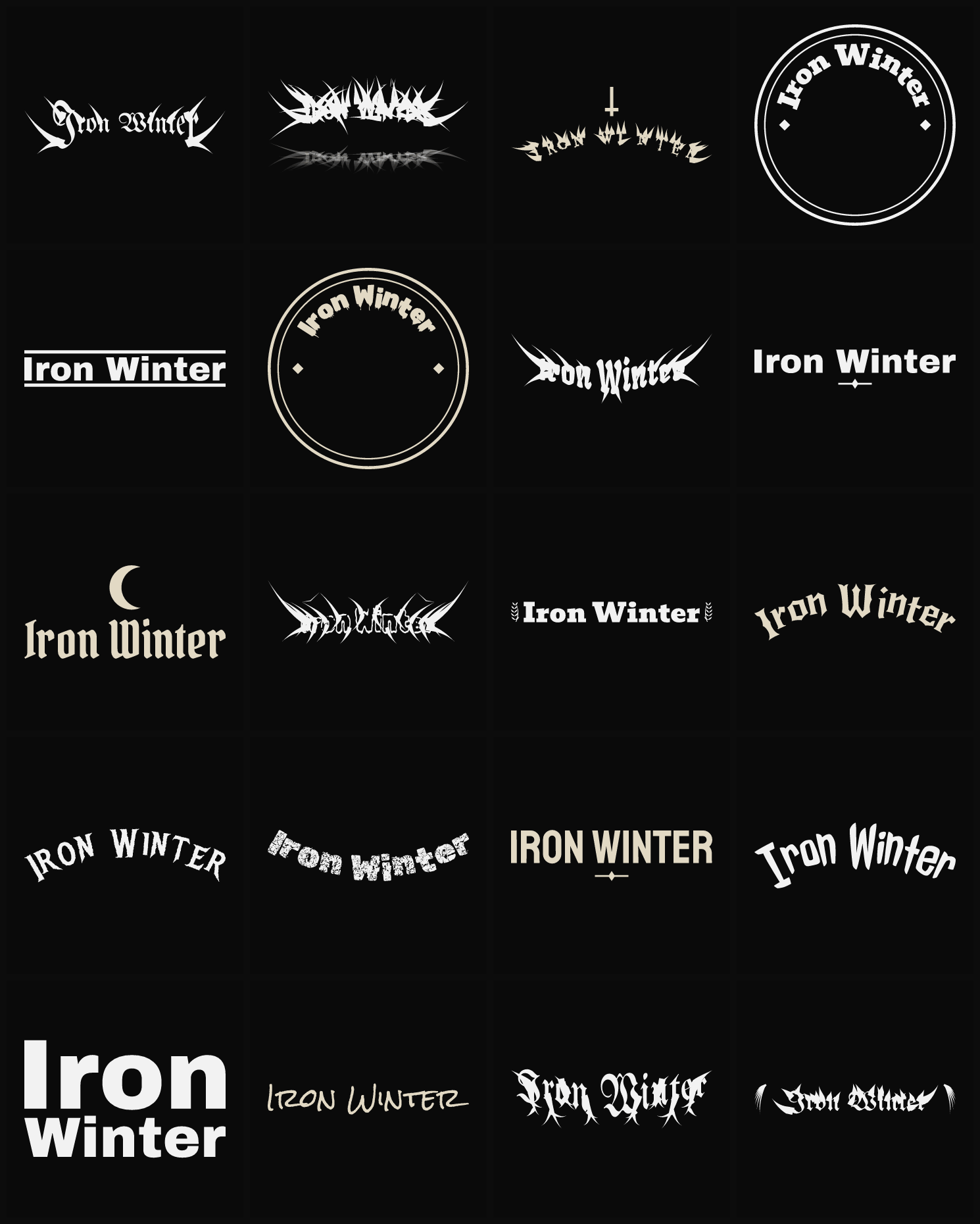 Twenty Iron Winter band logo ideas — different faces, treatments and spike settings