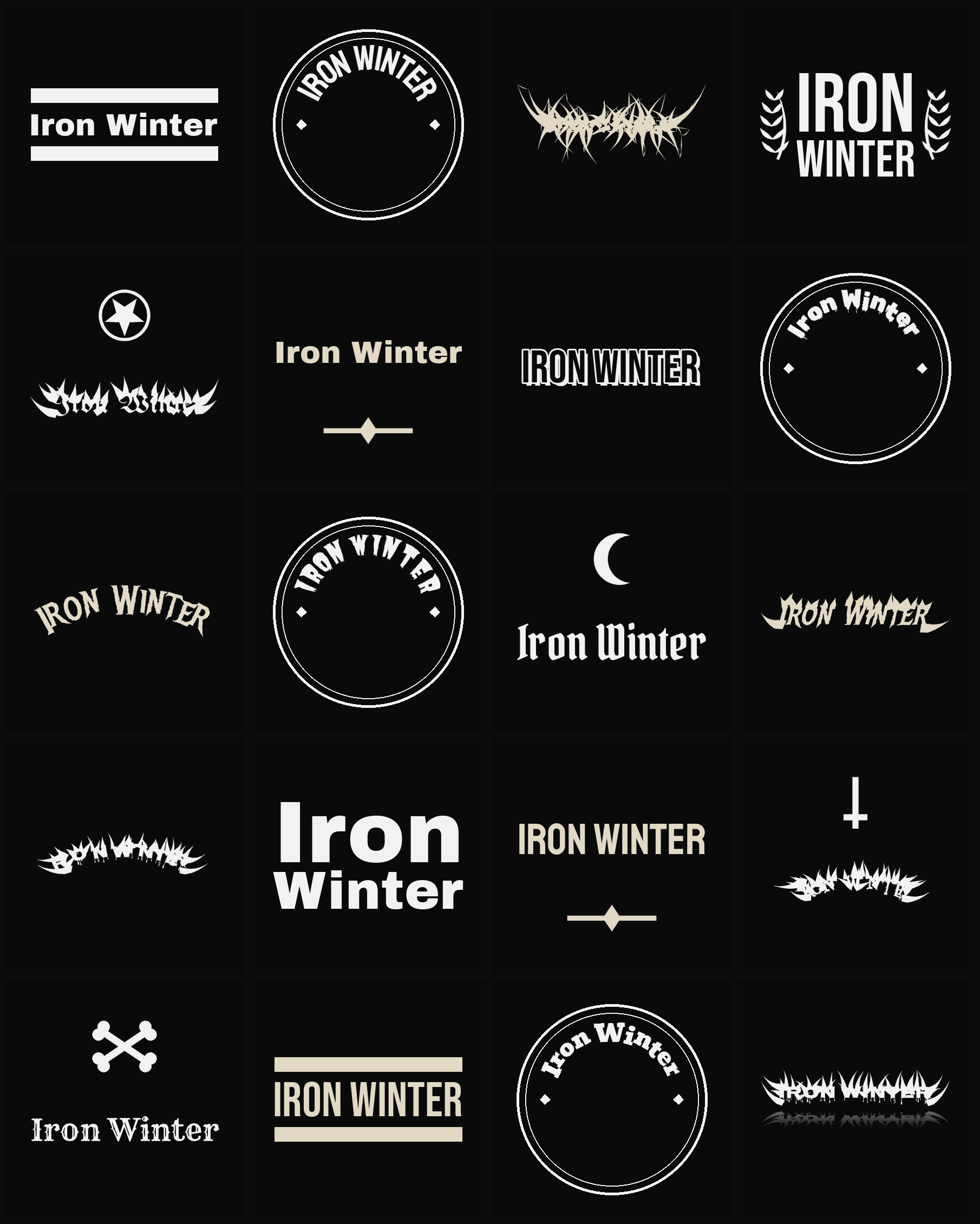 Twenty Iron Winter band logo ideas — different faces, treatments and spike settings