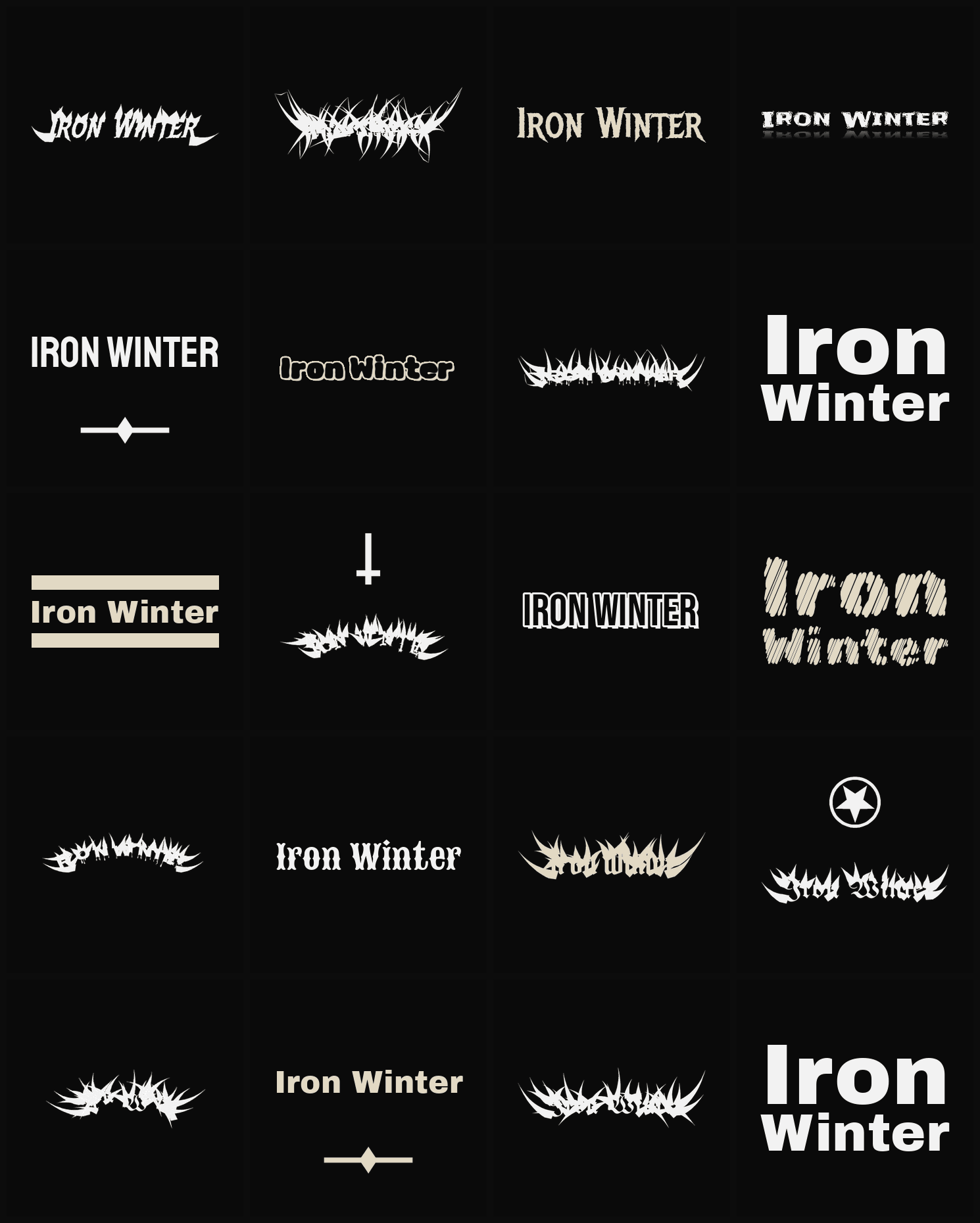 Twenty Iron Winter band logo ideas — different faces, treatments and spike settings