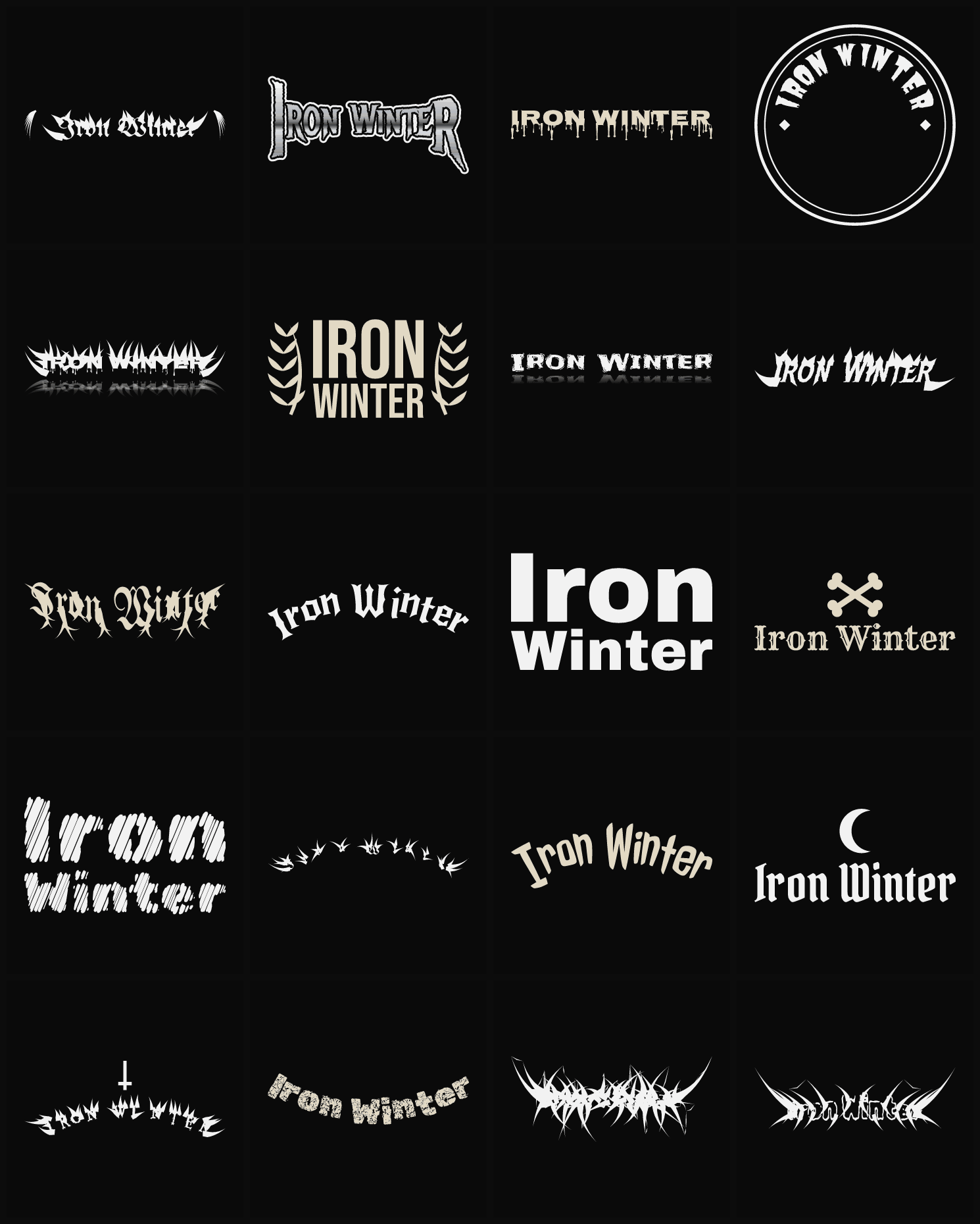 Twenty Iron Winter band logo ideas — different faces, treatments and spike settings