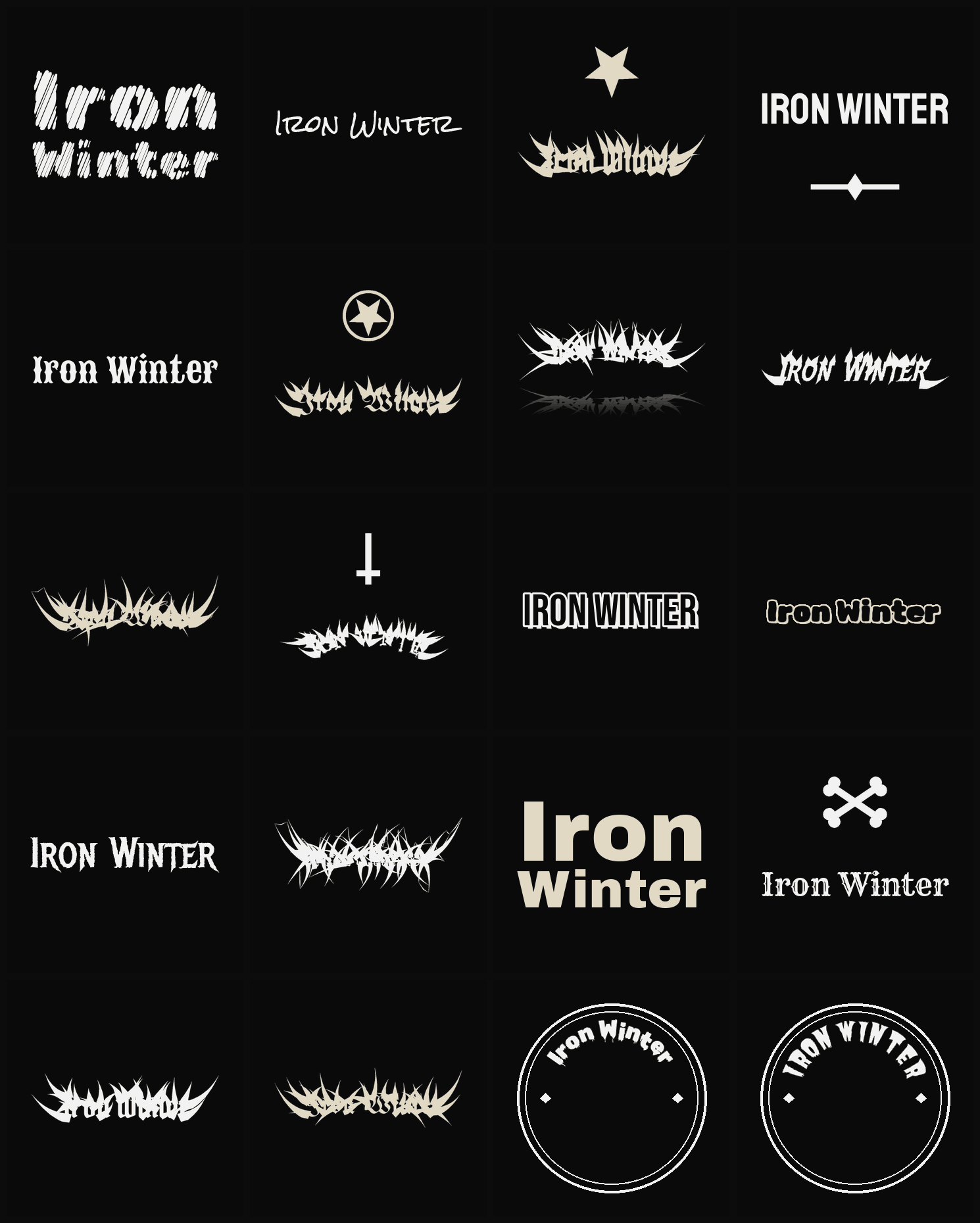 Twenty Iron Winter band logo ideas — different faces, treatments and spike settings