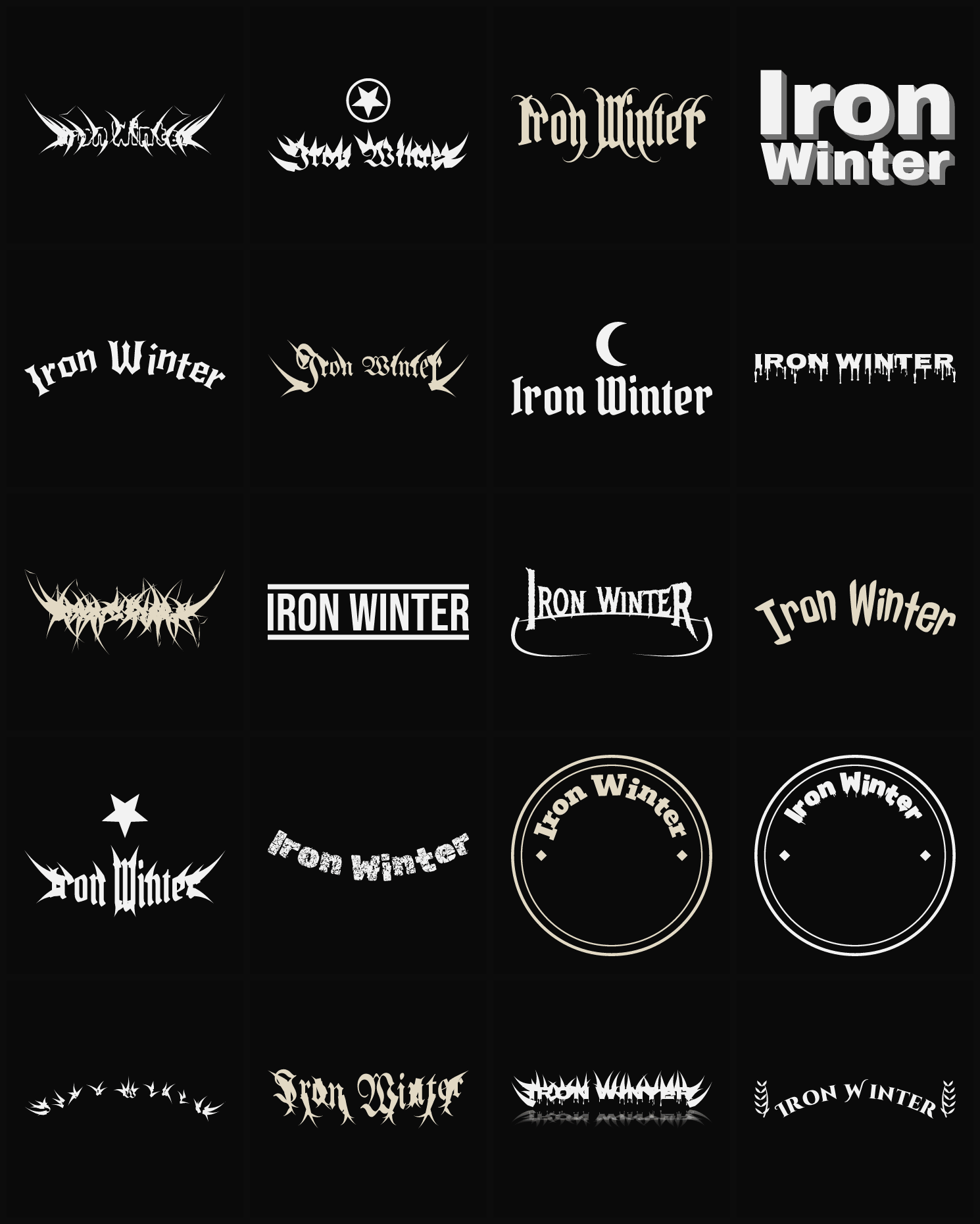 Twenty Iron Winter band logo ideas — different faces, treatments and spike settings