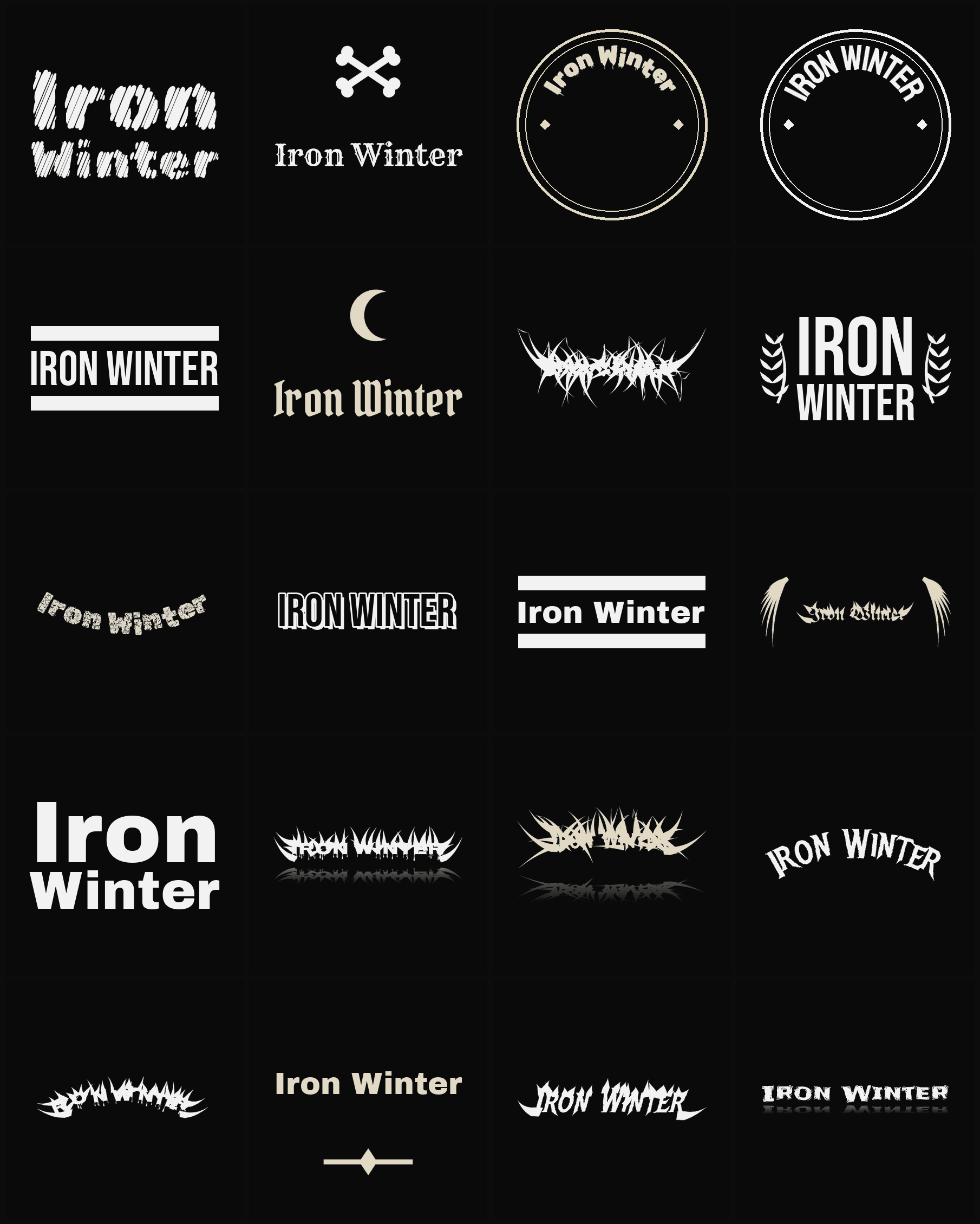 Twenty Iron Winter band logo ideas — different faces, treatments and spike settings