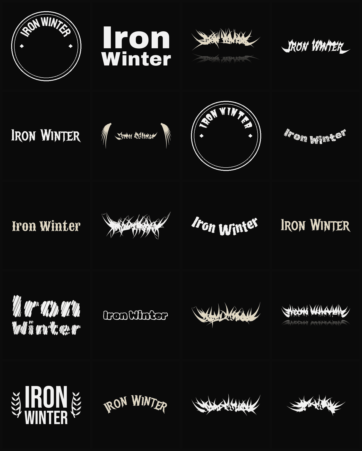 Twenty Iron Winter band logo ideas — different faces, treatments and spike settings